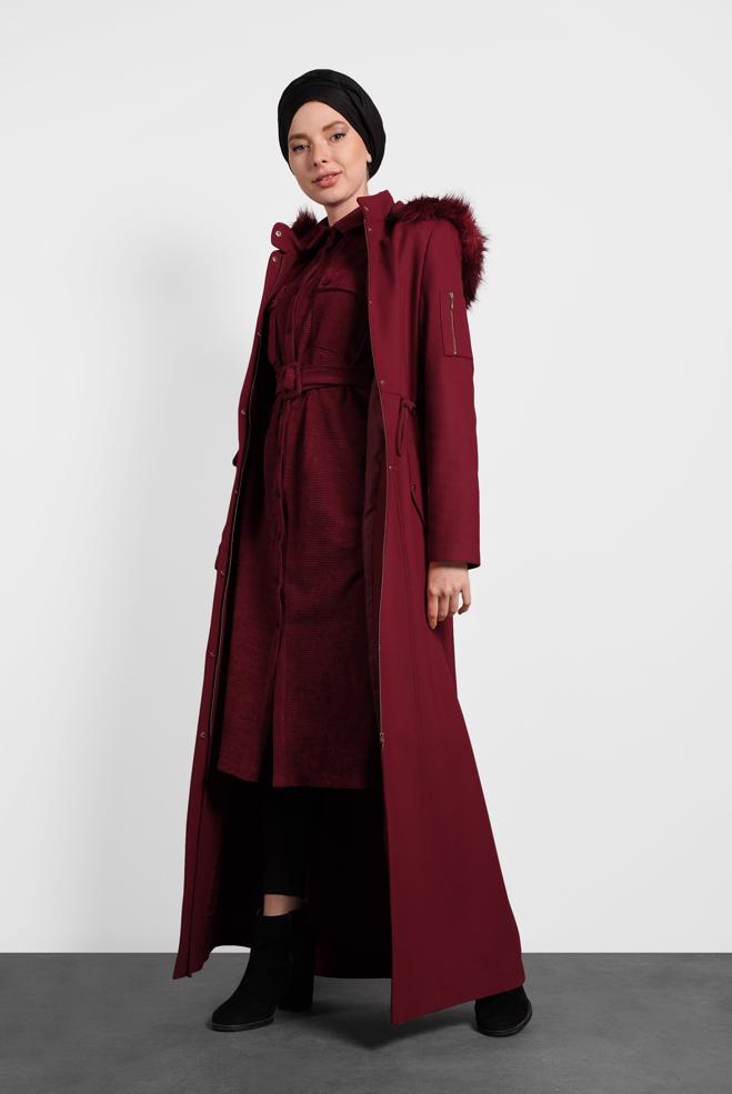 Hijab clothing CLARET RED HOODED COAT WITH POCKETS 90047  - ALVİNA