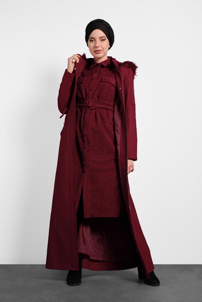 Hijab clothing CLARET RED HOODED COAT WITH POCKETS 90047  - ALVİNA