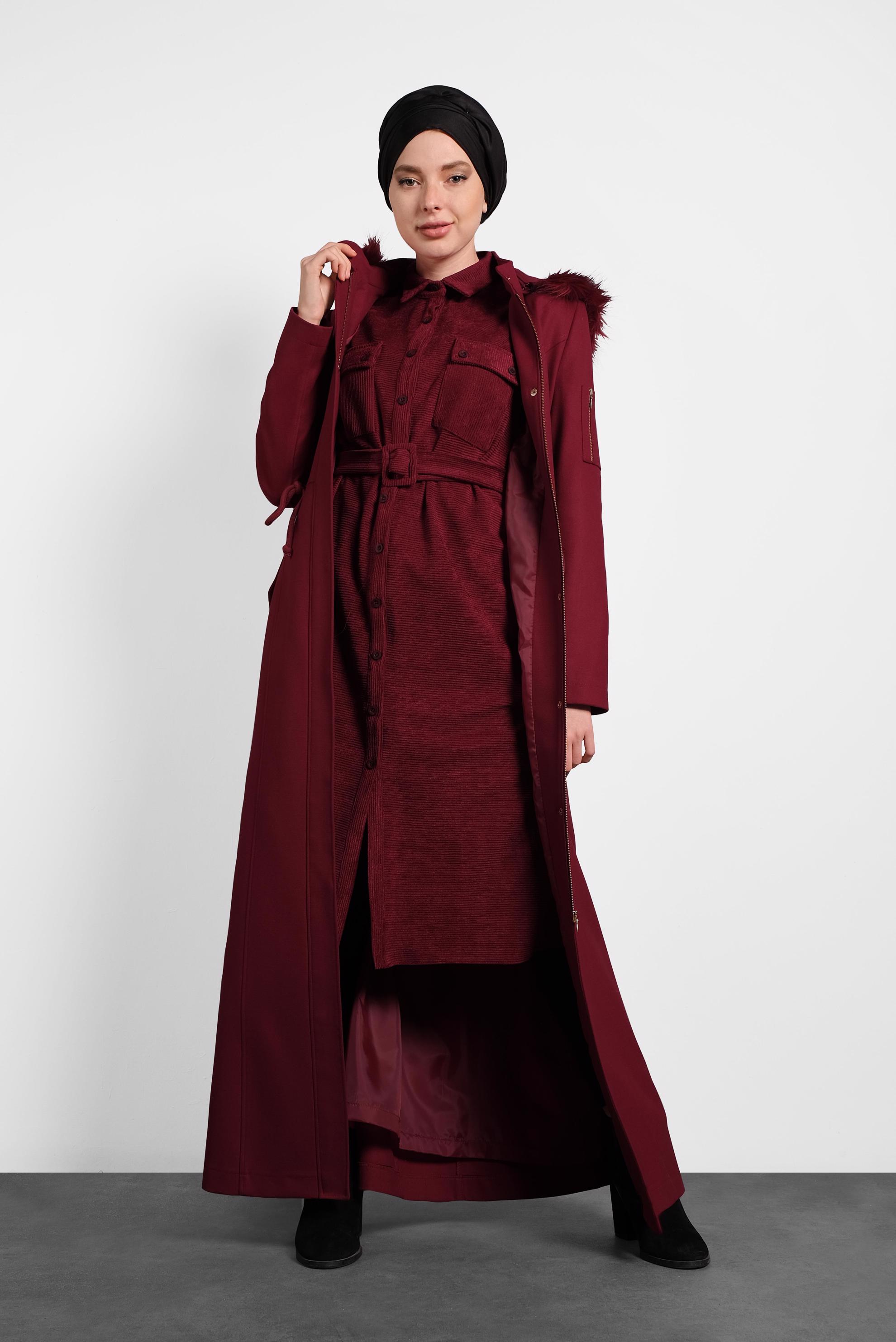 Hijab clothing CLARET RED HOODED COAT WITH POCKETS 90047 