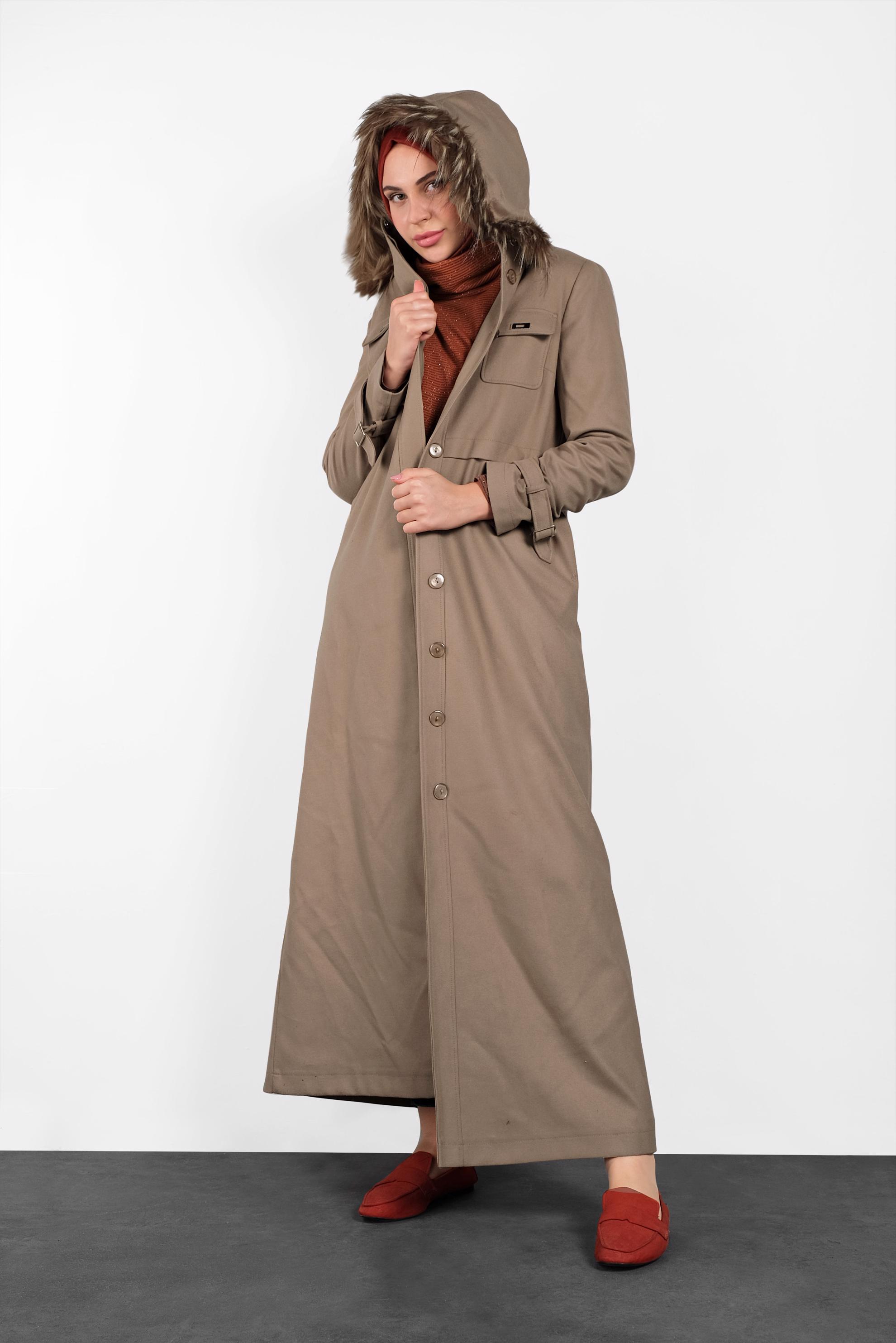 Hijab clothing BEIGE HOODED SMOCKED-WAIST COAT 90048