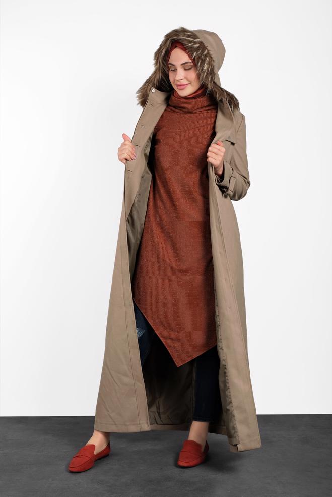 Hijab clothing BEIGE HOODED SMOCKED-WAIST COAT 90048 - ALVİNA