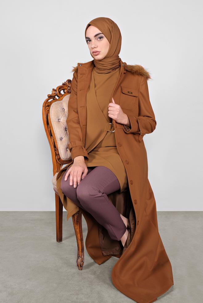 Hijab clothing TABA HOODED SMOCKED-WAIST COAT 90048 - ALVİNA