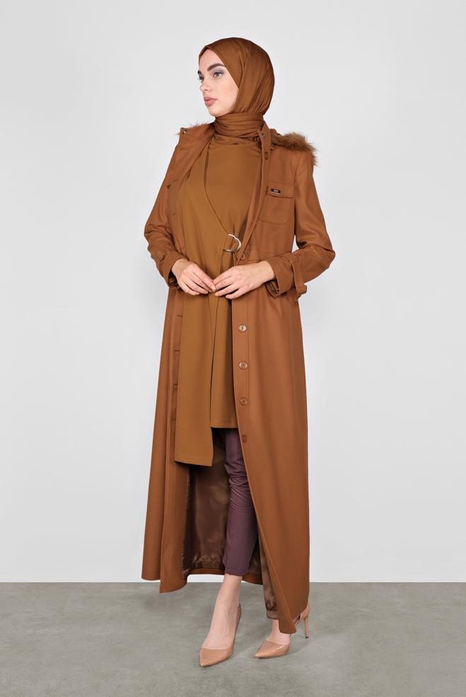 Hijab clothing TABA HOODED SMOCKED-WAIST COAT 90048 - ALVİNA