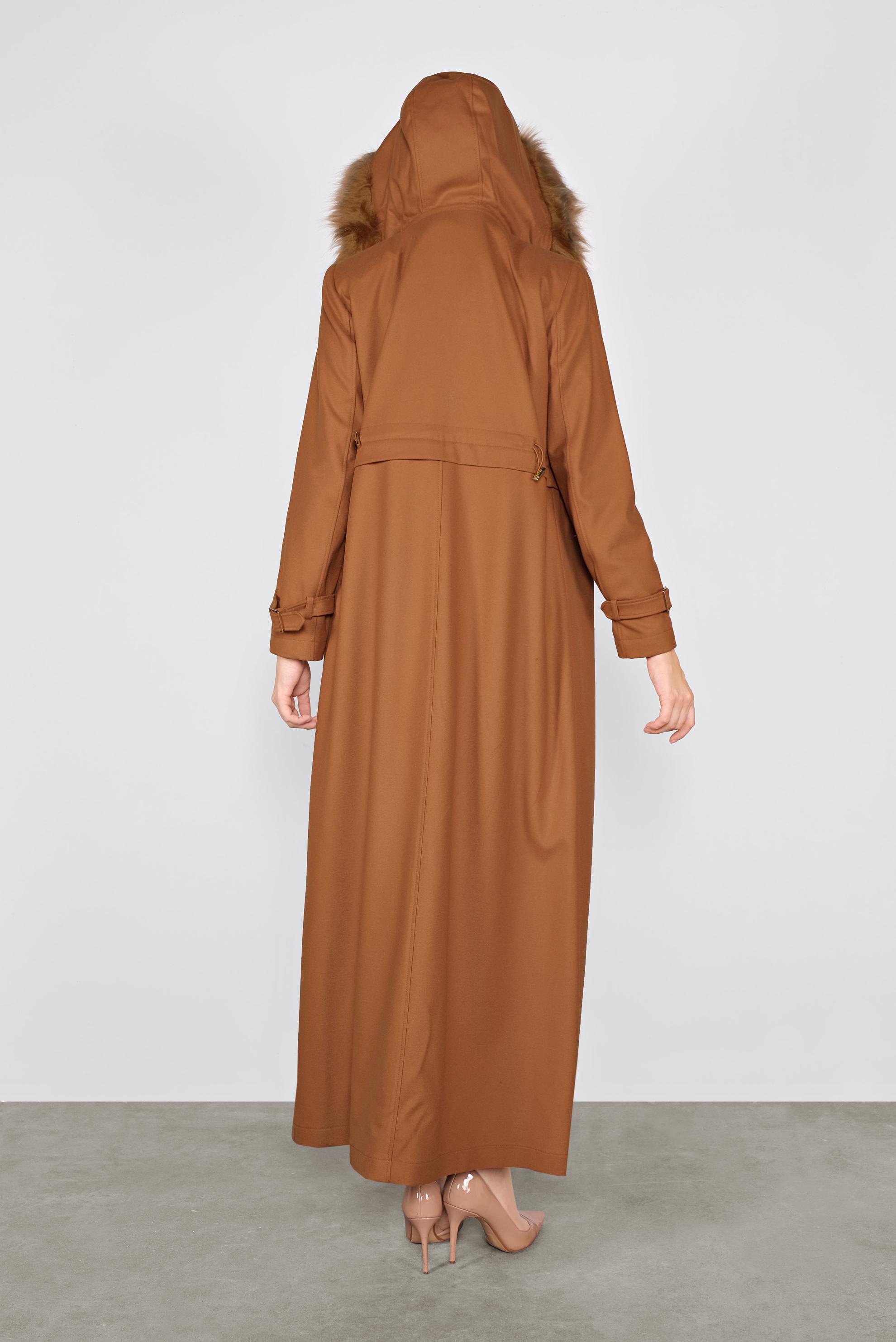 Tesettür giyim TABA KAPÜŞONLU BELİ BÜZGÜLÜ MANTO 90048