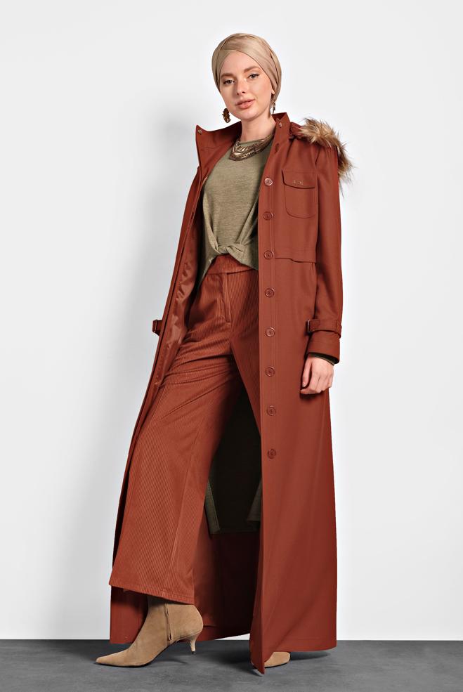 Hijab clothing ORANGE HOODED SMOCKED-WAIST COAT 90048 - ALVİNA