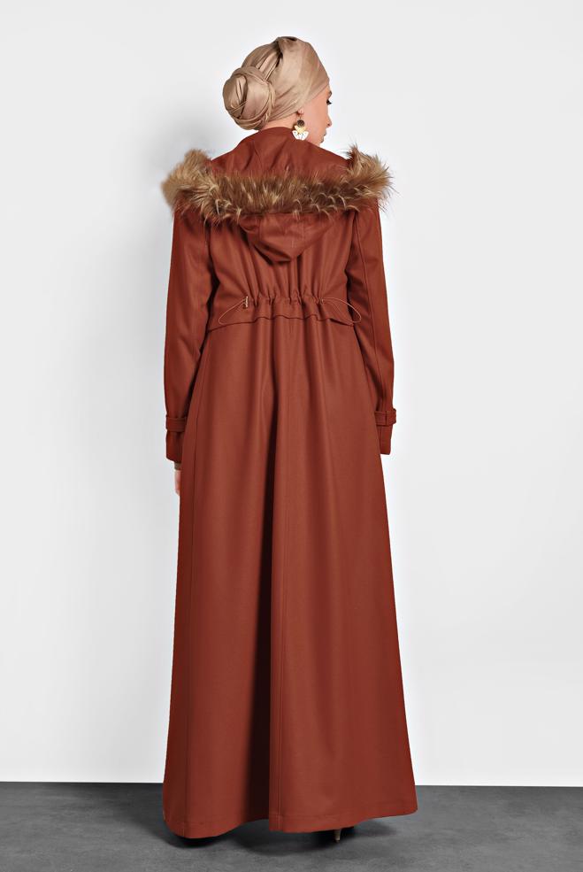 Hijab clothing ORANGE HOODED SMOCKED-WAIST COAT 90048 - ALVİNA