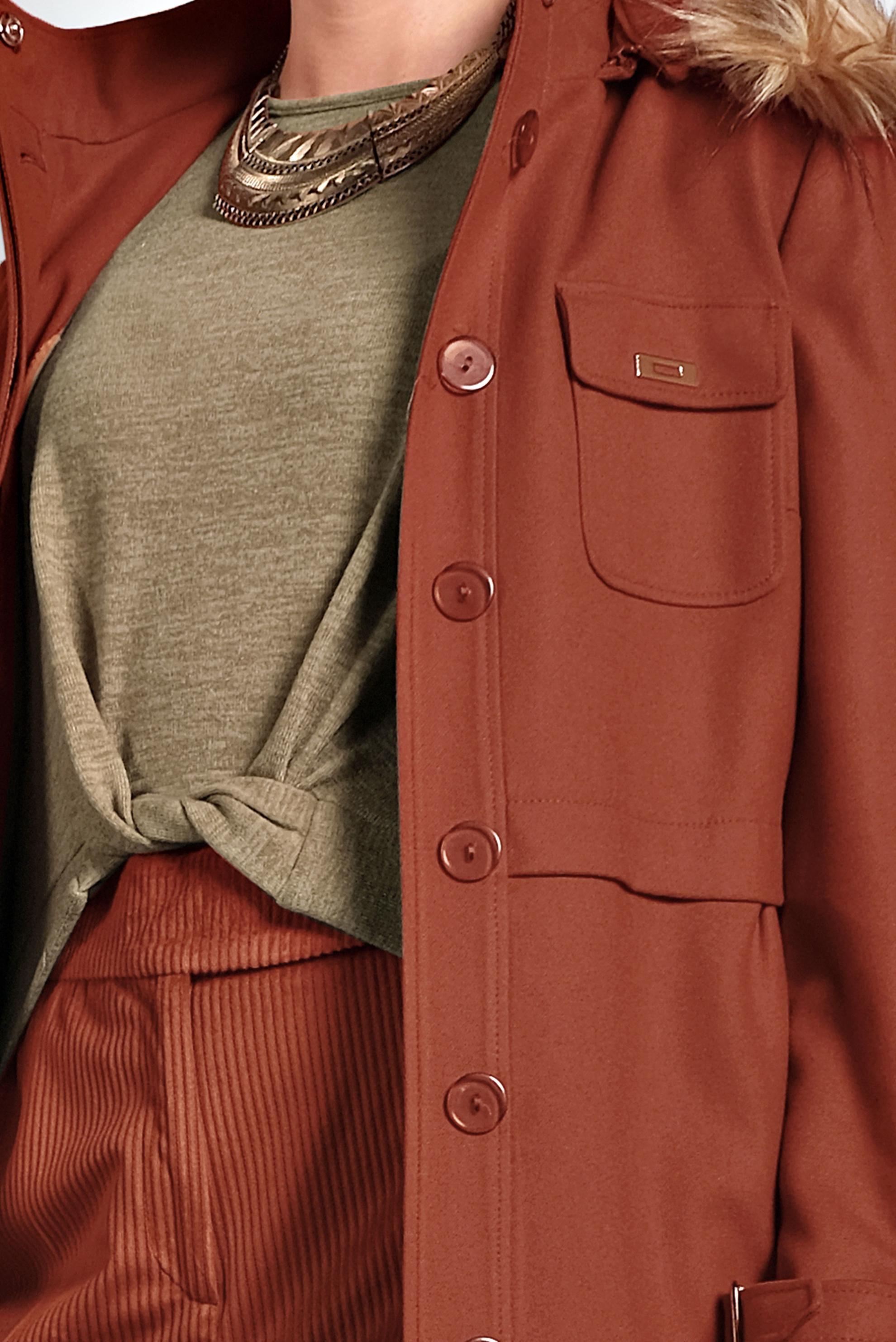 Tesettür giyim TURUNCU KAPÜŞONLU BELİ BÜZGÜLÜ MANTO 90048