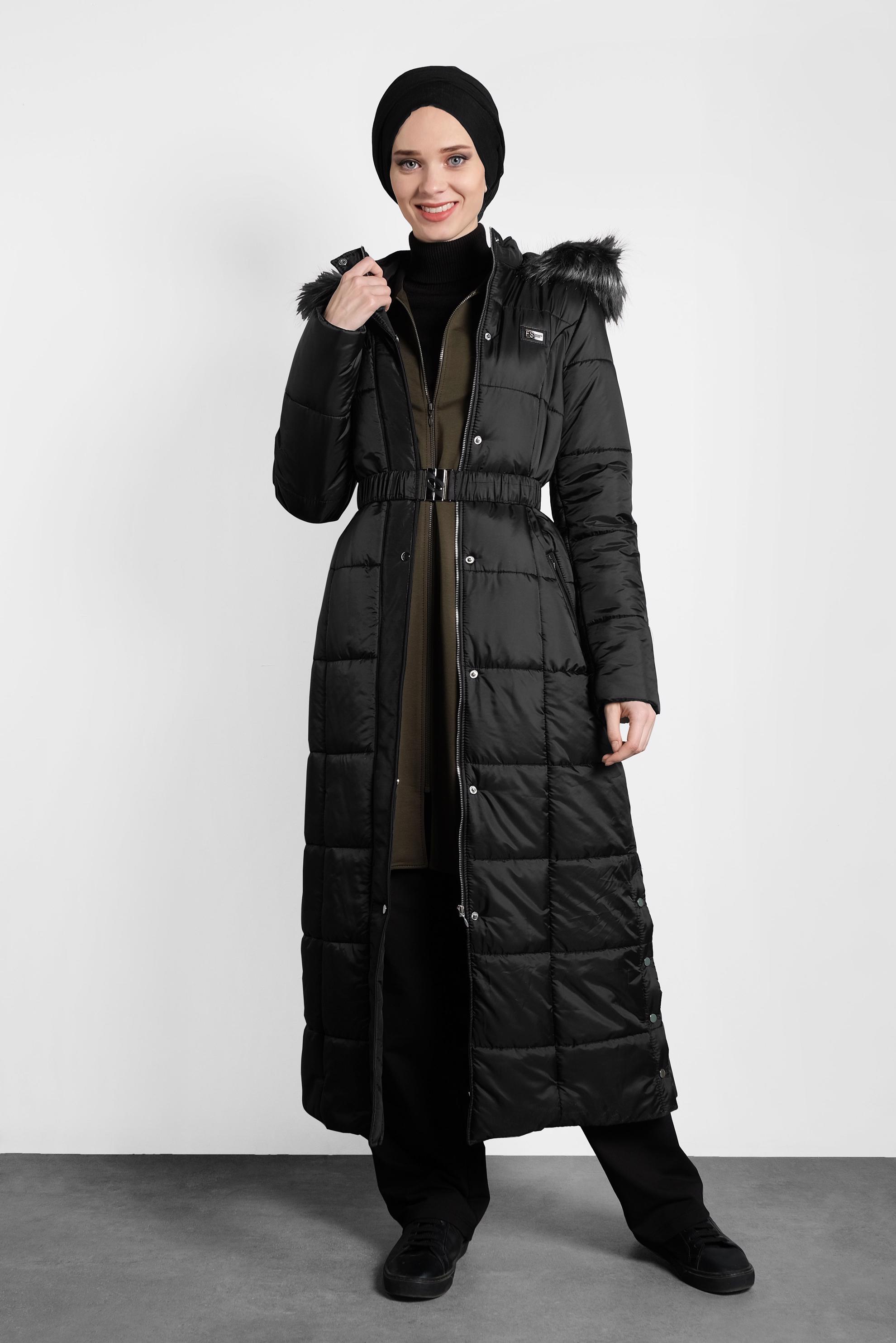 Tesettür giyim SİYAH FERMUARLI ŞİŞME KABAN 90057