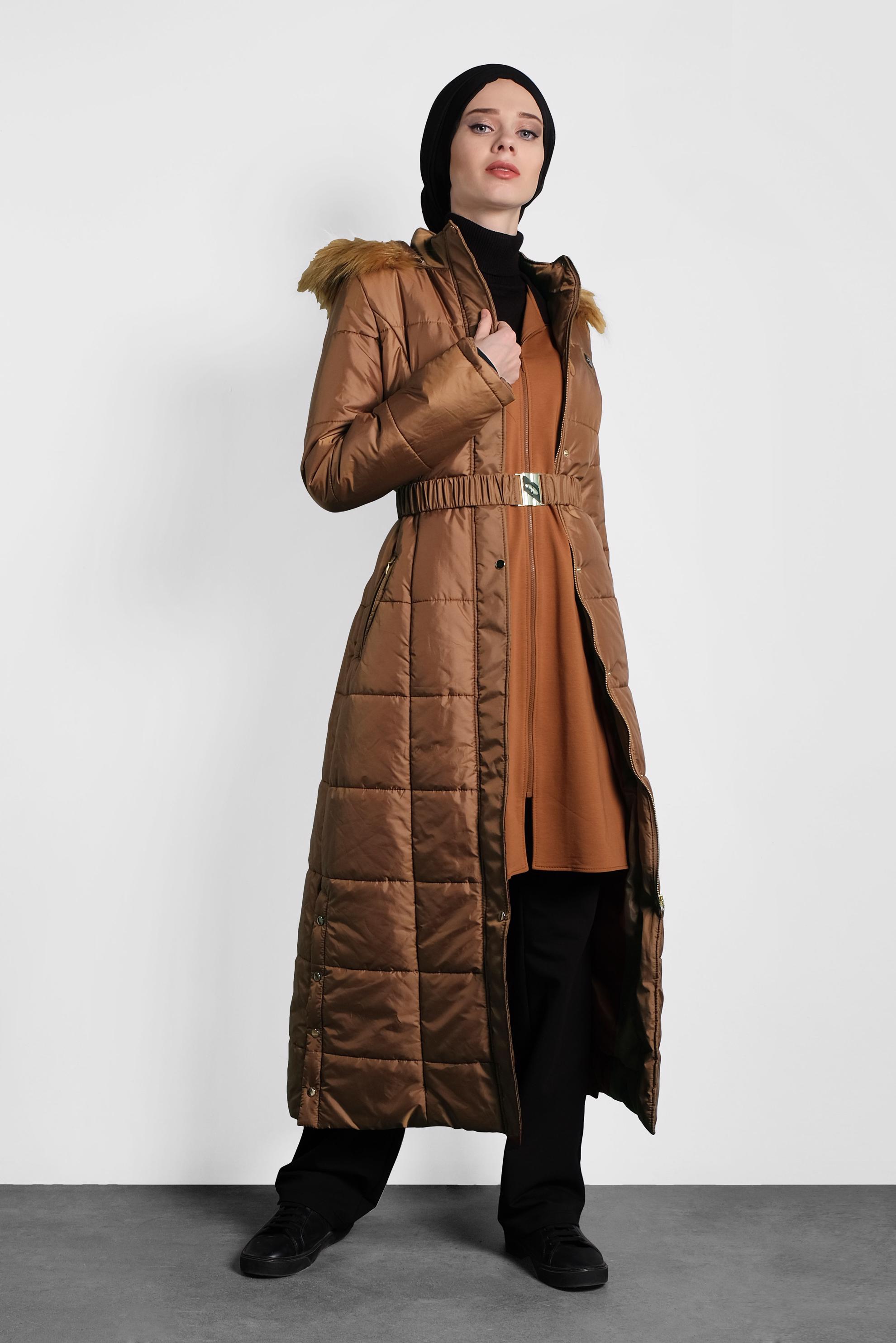 Tesettür giyim TABA FERMUARLI ŞİŞME KABAN 90057