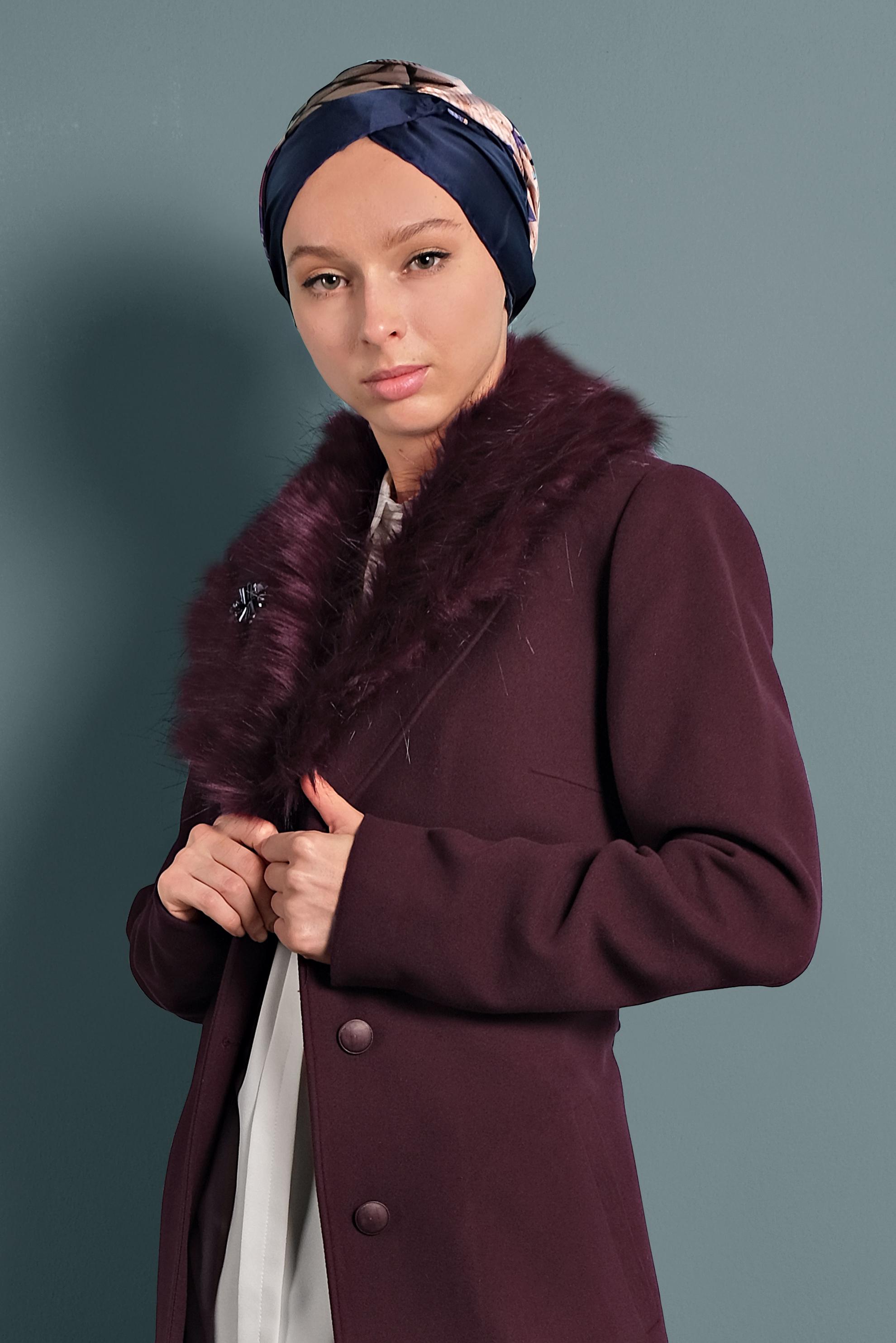 Tesettür giyim MÜRDÜM KUŞAKLI DÜĞMELİ MANTO 90061 