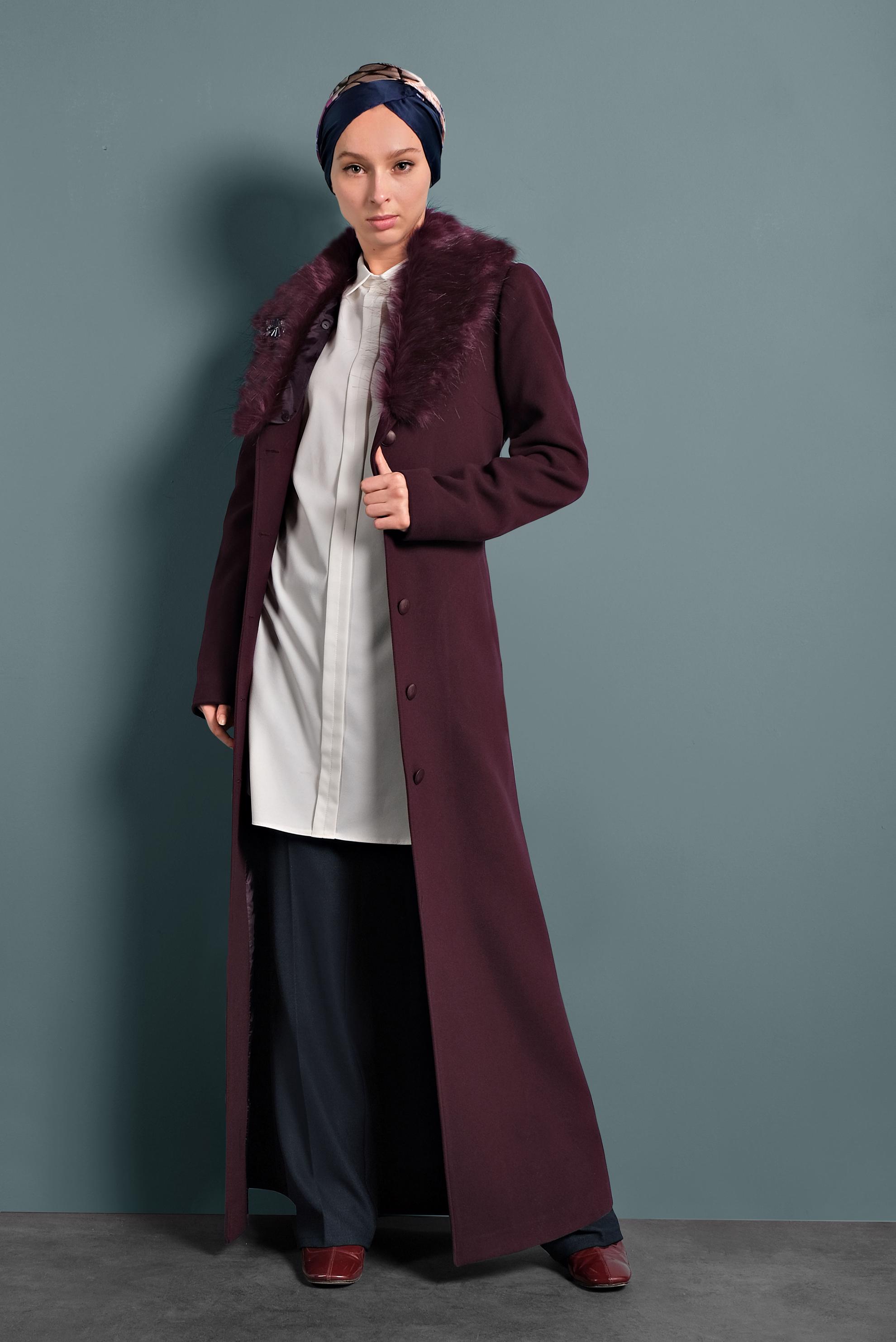 Tesettür giyim MÜRDÜM KUŞAKLI DÜĞMELİ MANTO 90061 