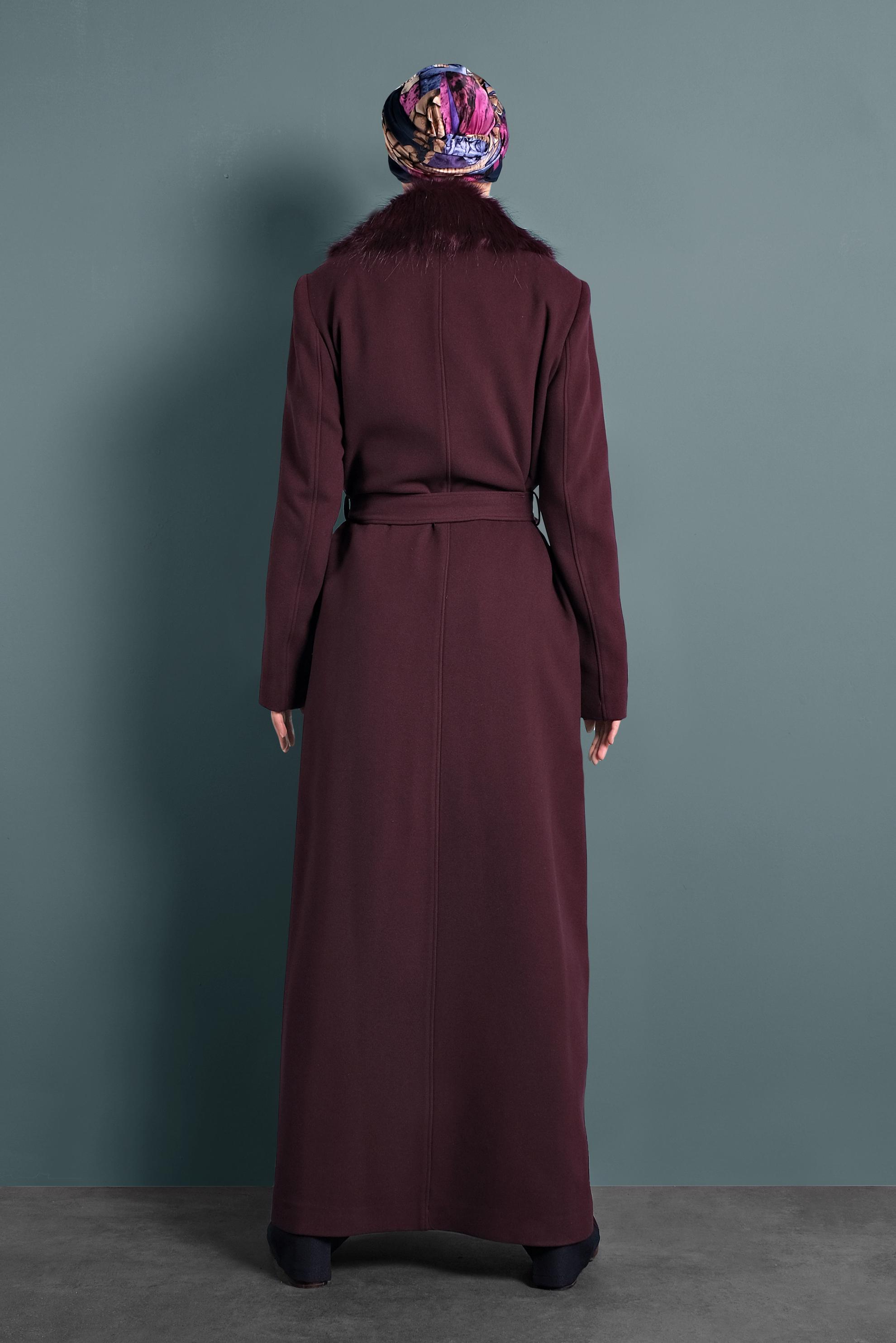 Tesettür giyim MÜRDÜM KUŞAKLI DÜĞMELİ MANTO 90061 