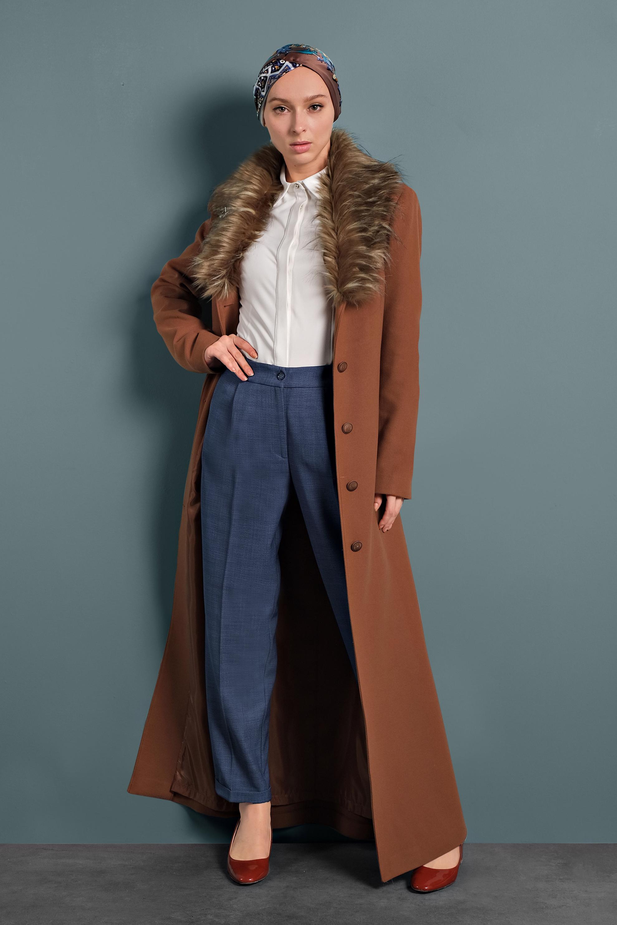 Tesettür giyim TABA KUŞAKLI DÜĞMELİ MANTO 90061 