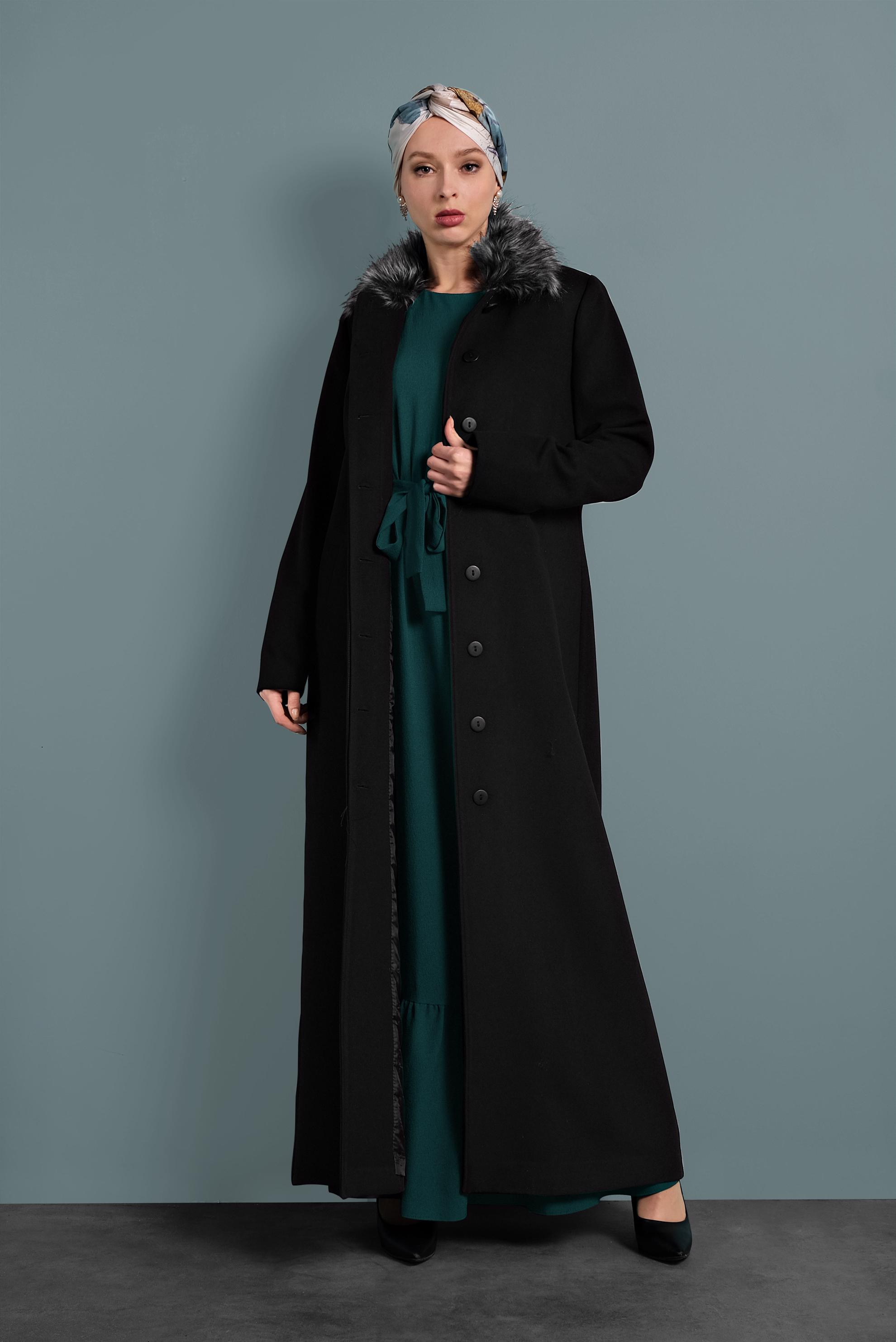 Tesettür giyim SİYAH DÜĞMELİ MANTO 90062 