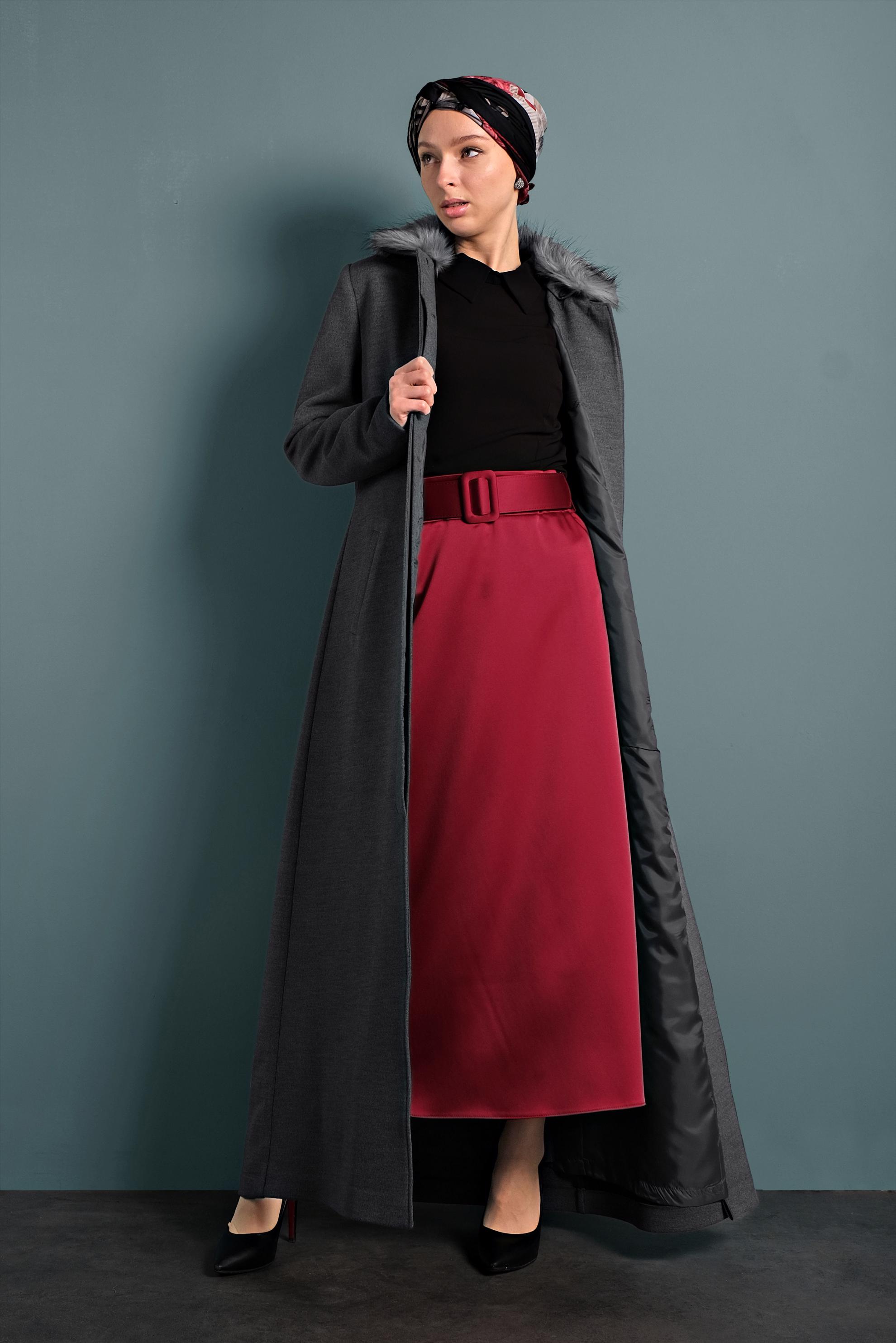 Tesettür giyim GRİ DÜĞMELİ MANTO 90062 