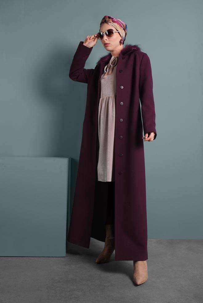 Tesettür giyim MÜRDÜM DÜĞMELİ MANTO 90062 - ALVİNA