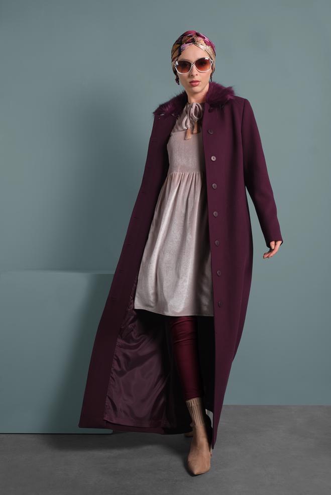 Tesettür giyim MÜRDÜM DÜĞMELİ MANTO 90062 - ALVİNA