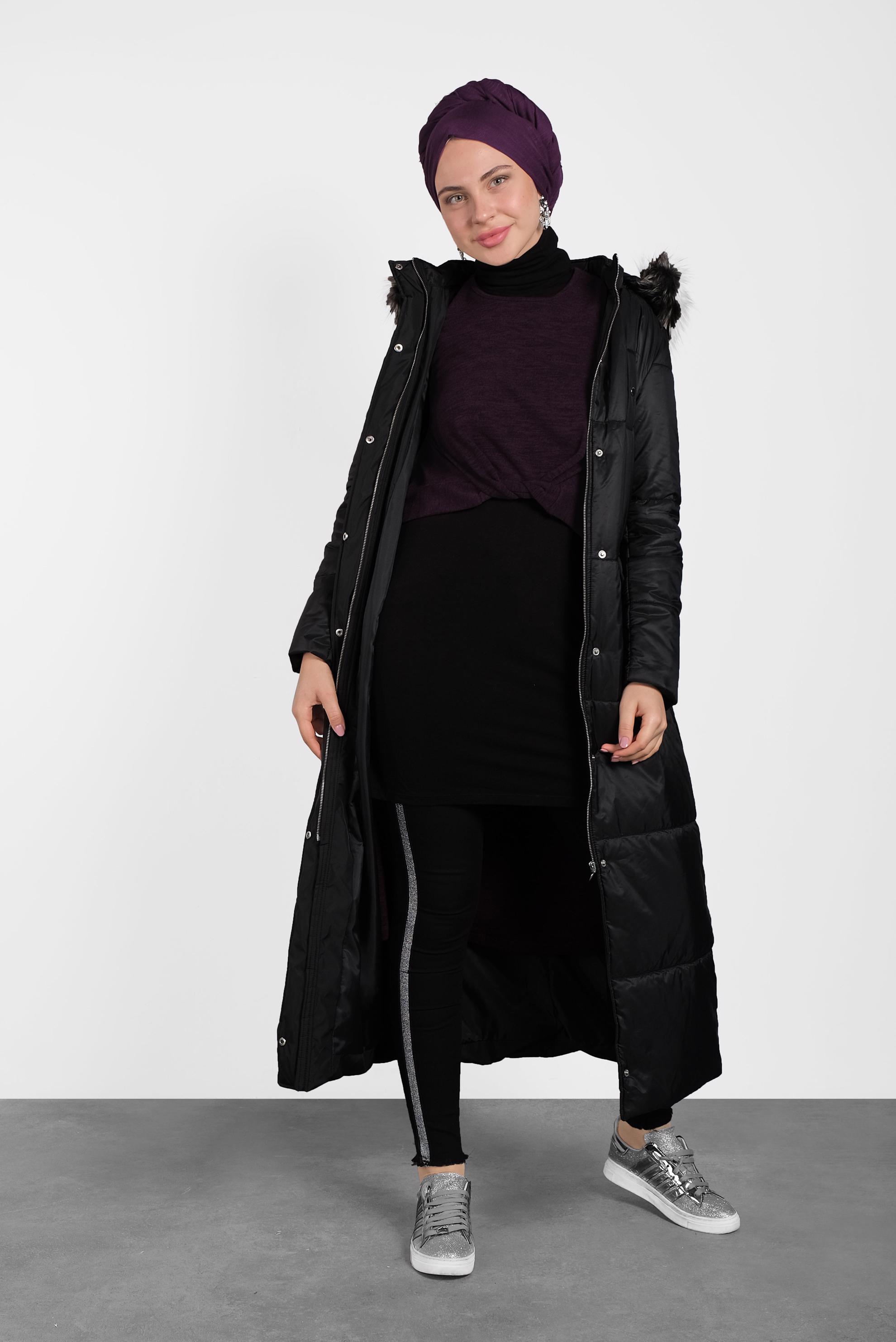 Tesettür giyim SİYAH FERMUARLI ŞİŞME MANTO 90067