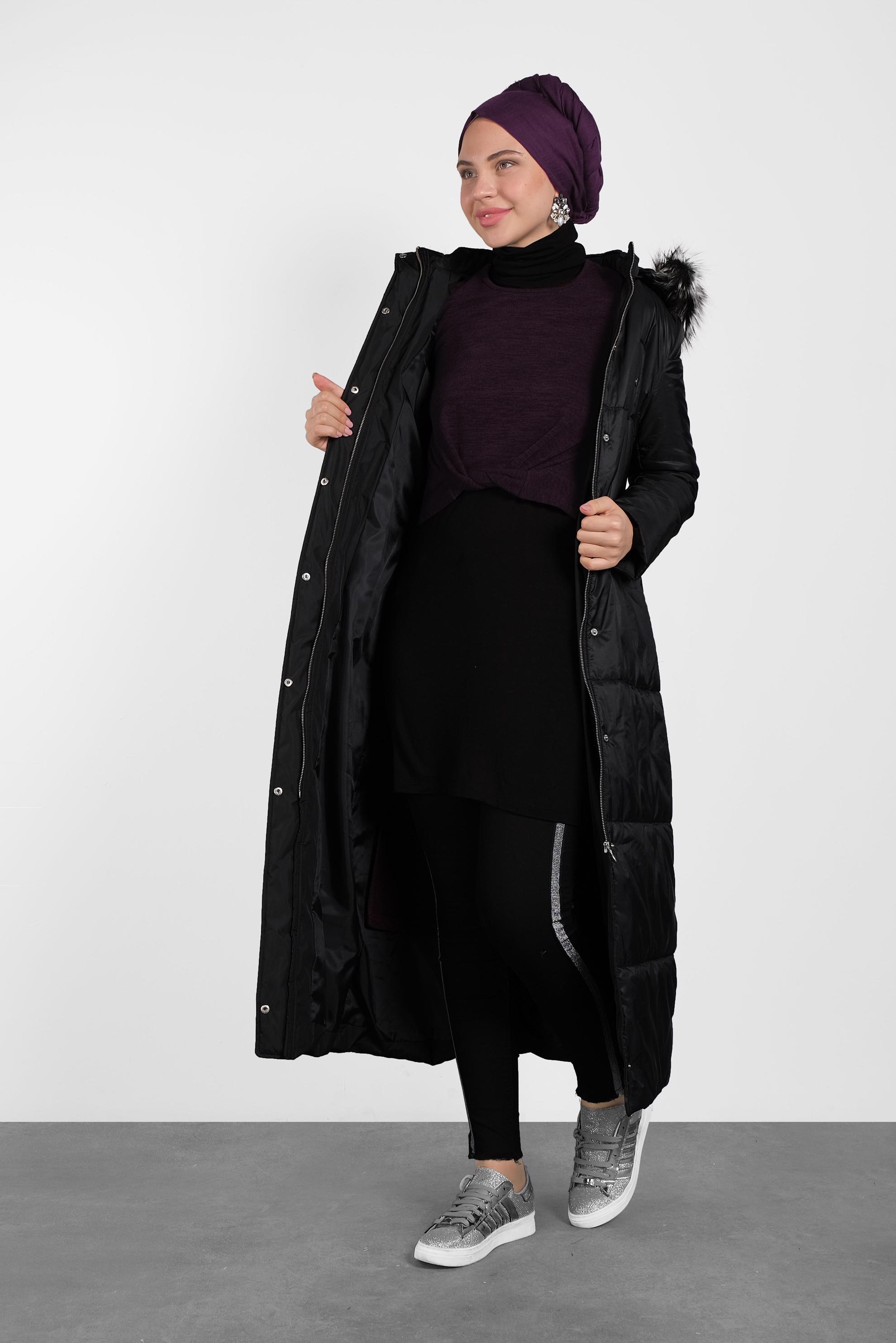 Tesettür giyim SİYAH FERMUARLI ŞİŞME MANTO 90067