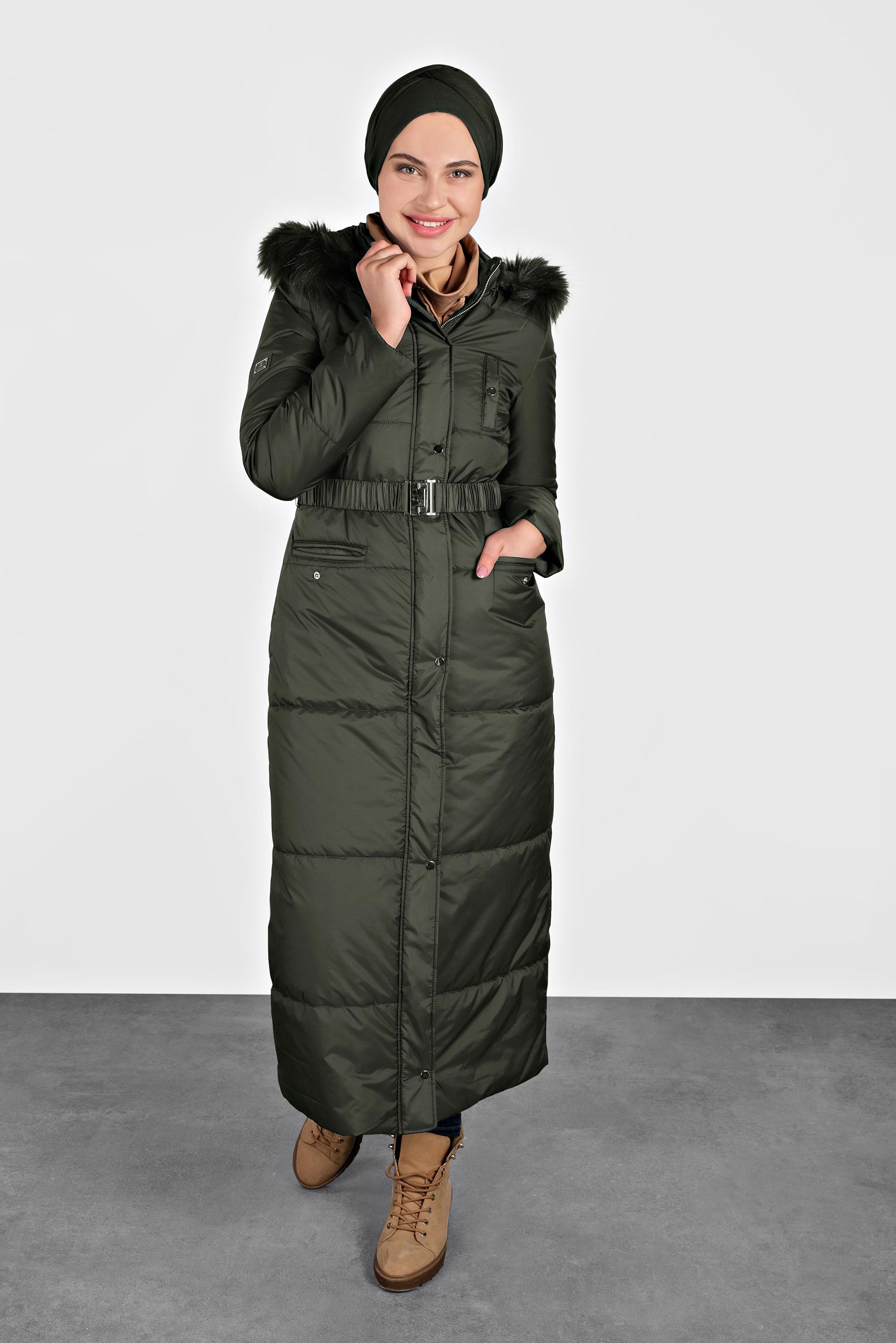 Tesettür giyim HAKİ FERMUARLI ŞİŞME MANTO 90067