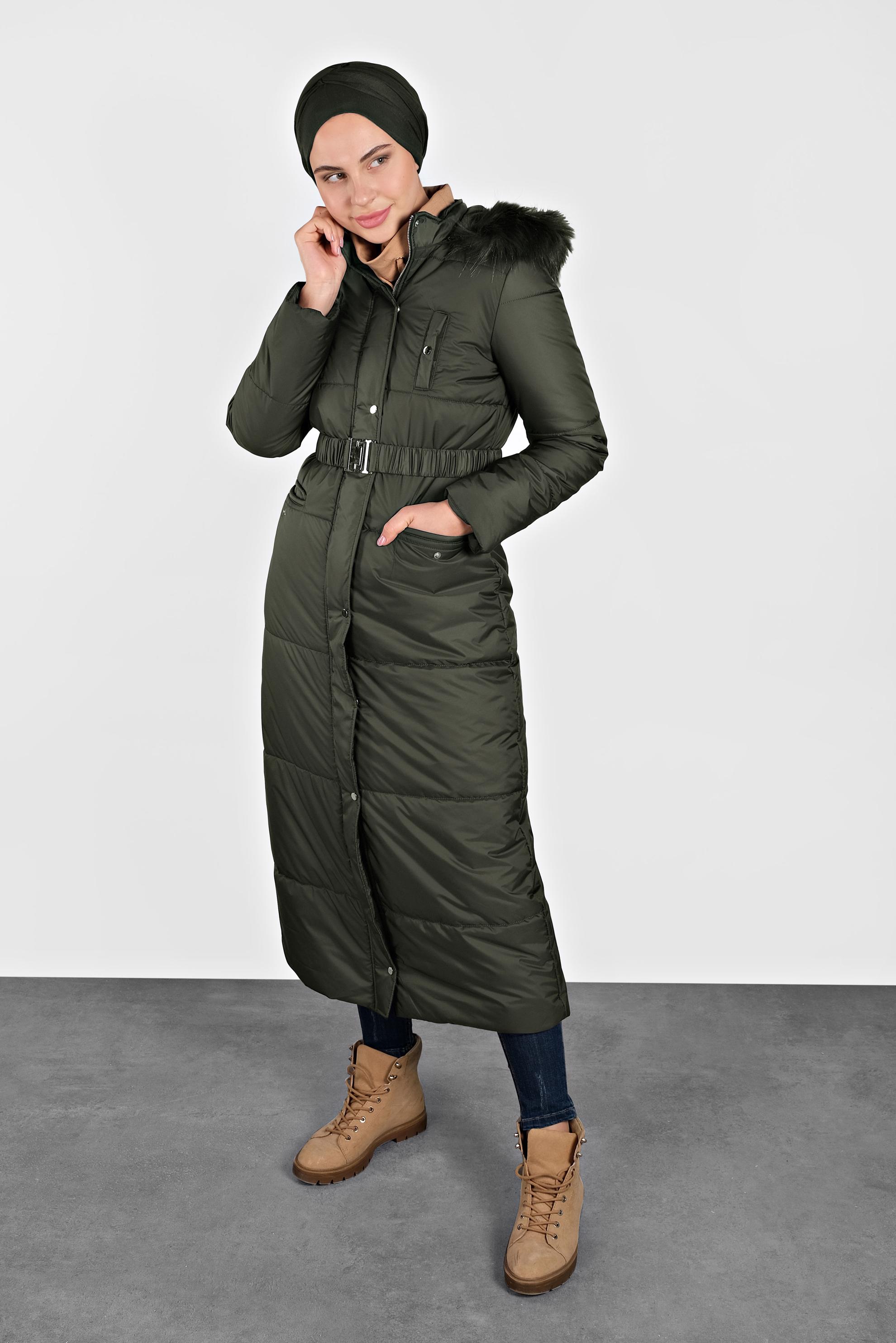 Tesettür giyim HAKİ FERMUARLI ŞİŞME MANTO 90067