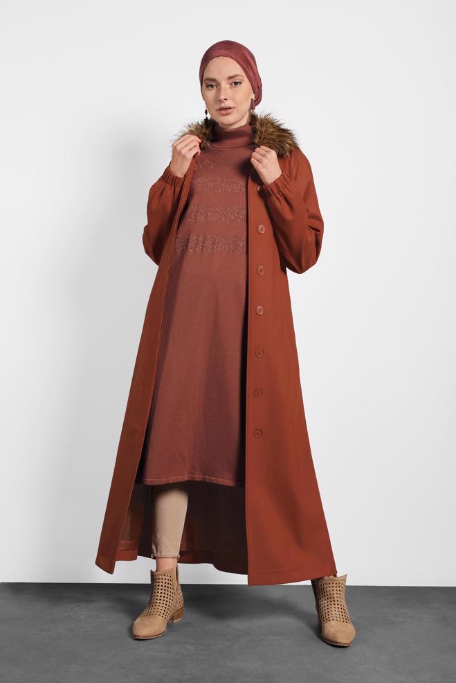 Vêtements hijab ORANGE MANTEAU À COL EN FOURRURE AVEC CEINTURE 90077 - ALVİNA