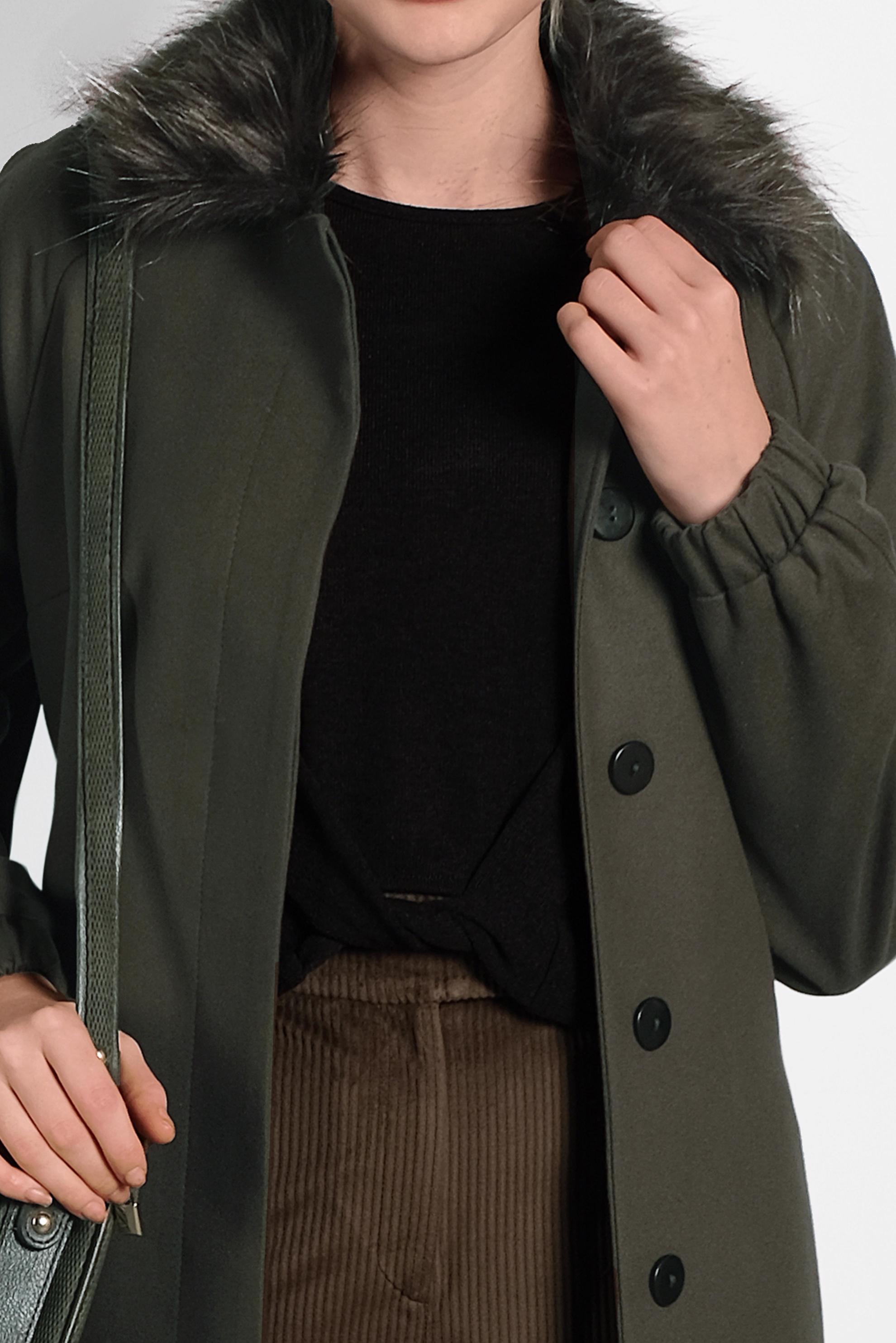 Tesettür giyim HAKİ YAKASI KÜRKLÜ KUŞAKLI MANTO 90077