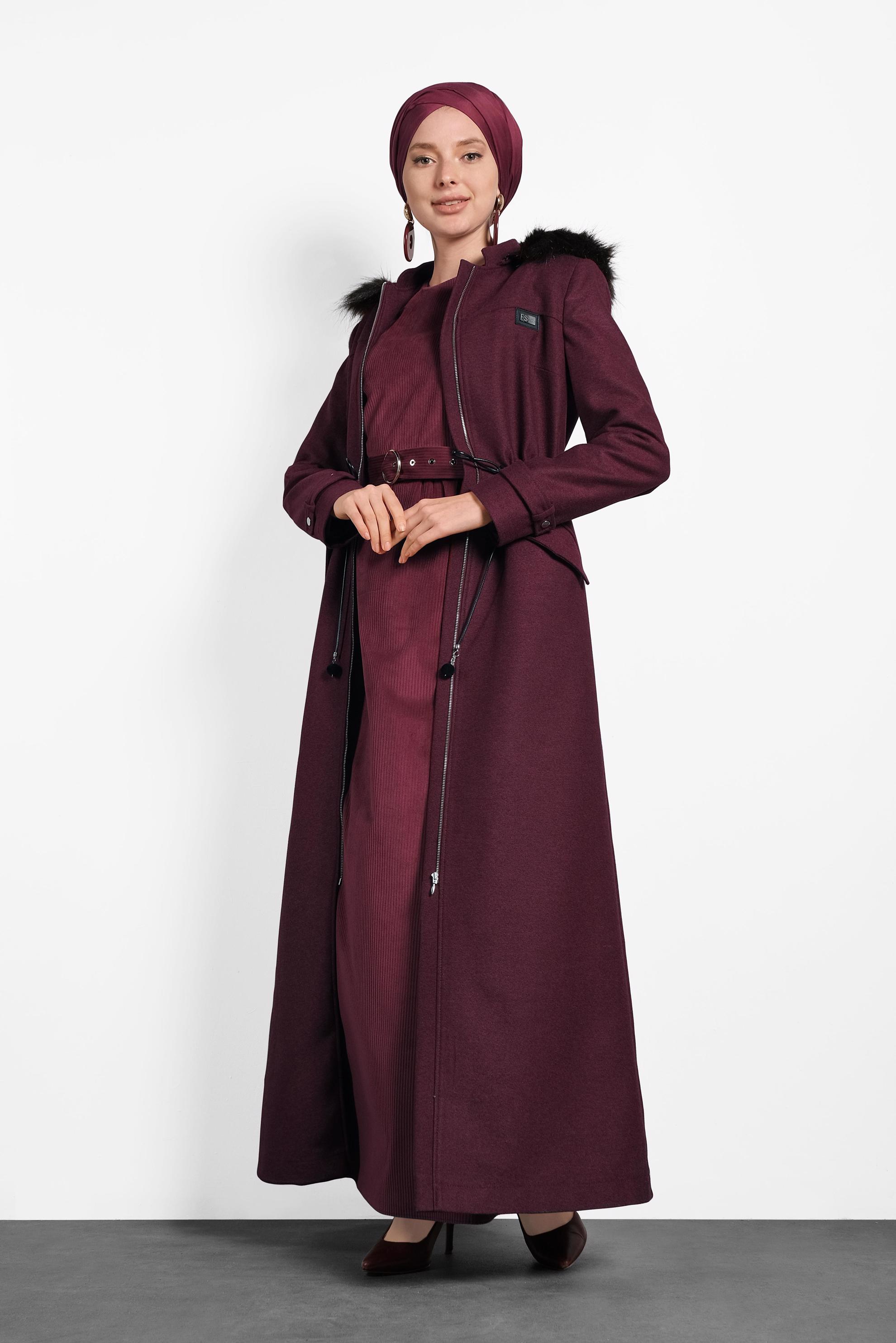 Vêtements hijab ROUGE BORDEAUX MANTEAU À CAPUCHE EN FOURRURE 90078