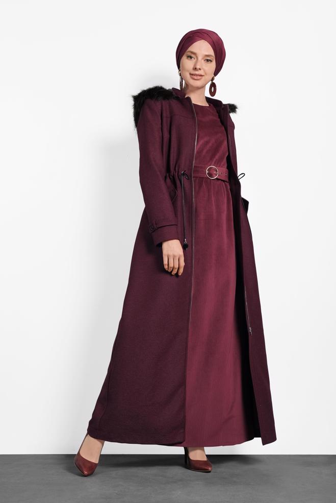 Vêtements hijab ROUGE BORDEAUX MANTEAU À CAPUCHE EN FOURRURE 90078 - ALVİNA