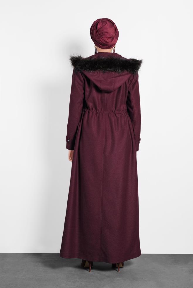 Vêtements hijab ROUGE BORDEAUX MANTEAU À CAPUCHE EN FOURRURE 90078 - ALVİNA