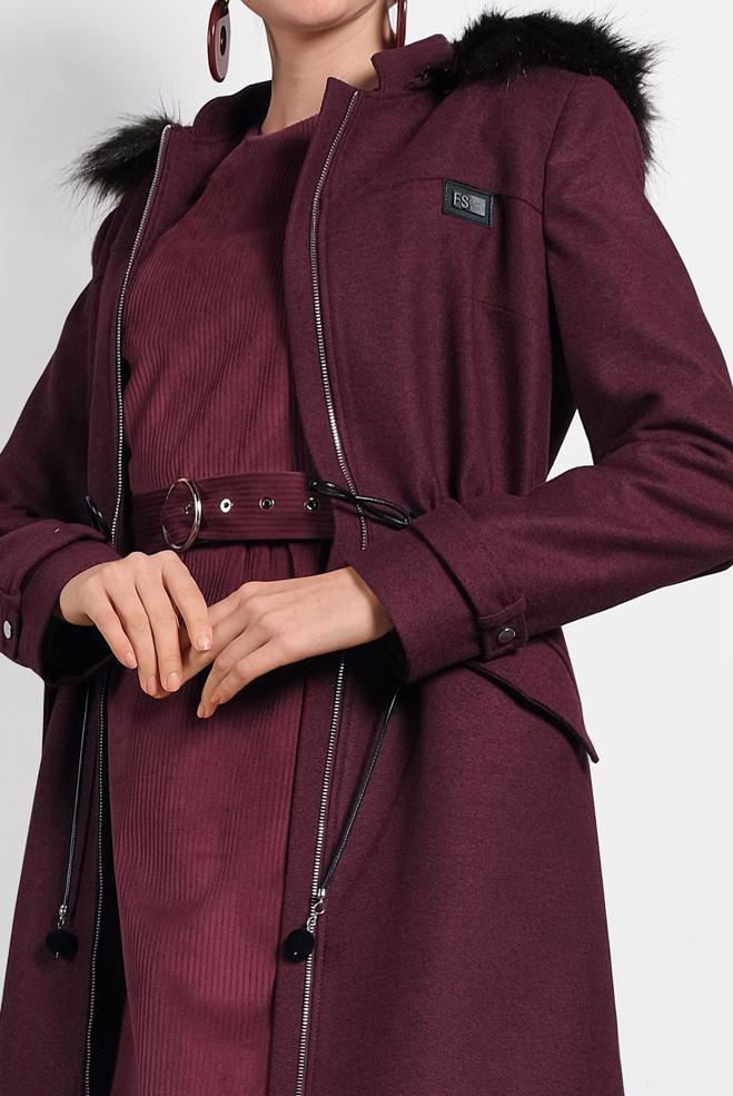 Vêtements hijab ROUGE BORDEAUX MANTEAU À CAPUCHE EN FOURRURE 90078 - ALVİNA