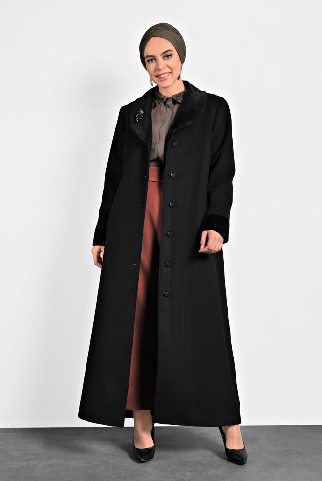 Vêtements hijab NOIR MANTEAU À BOUTONNÉ 90081  - ALVİNA
