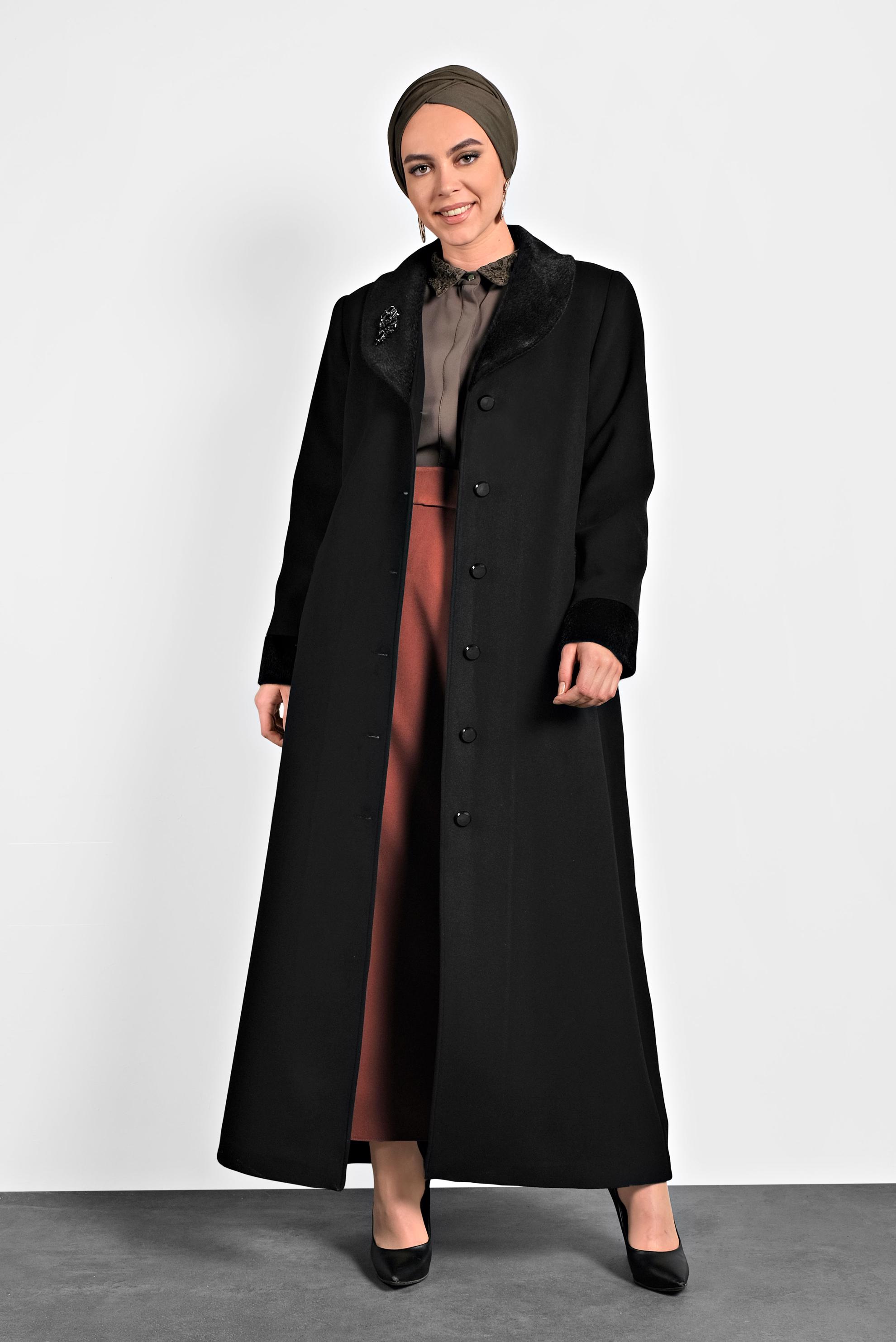Tesettür giyim SİYAH DÜĞMELİ MANTO 90081 