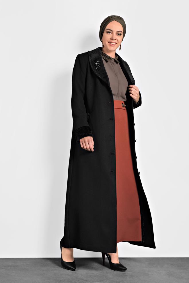 Vêtements hijab NOIR MANTEAU À BOUTONNÉ 90081  - ALVİNA