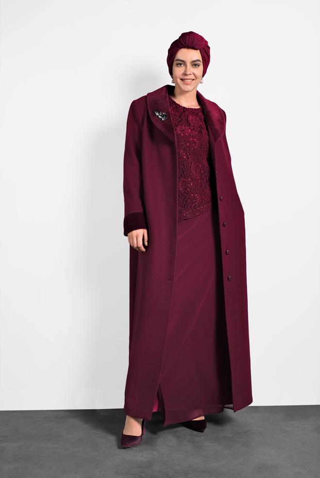 Hijab clothing CLARET RED BUTTON-TRIMMED COAT 90081  - ALVİNA