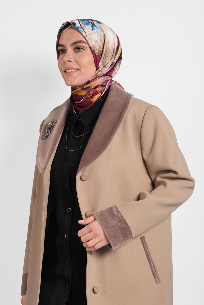 Hijab clothing BEIGE BUTTON-TRIMMED COAT 90081  - ALVİNA