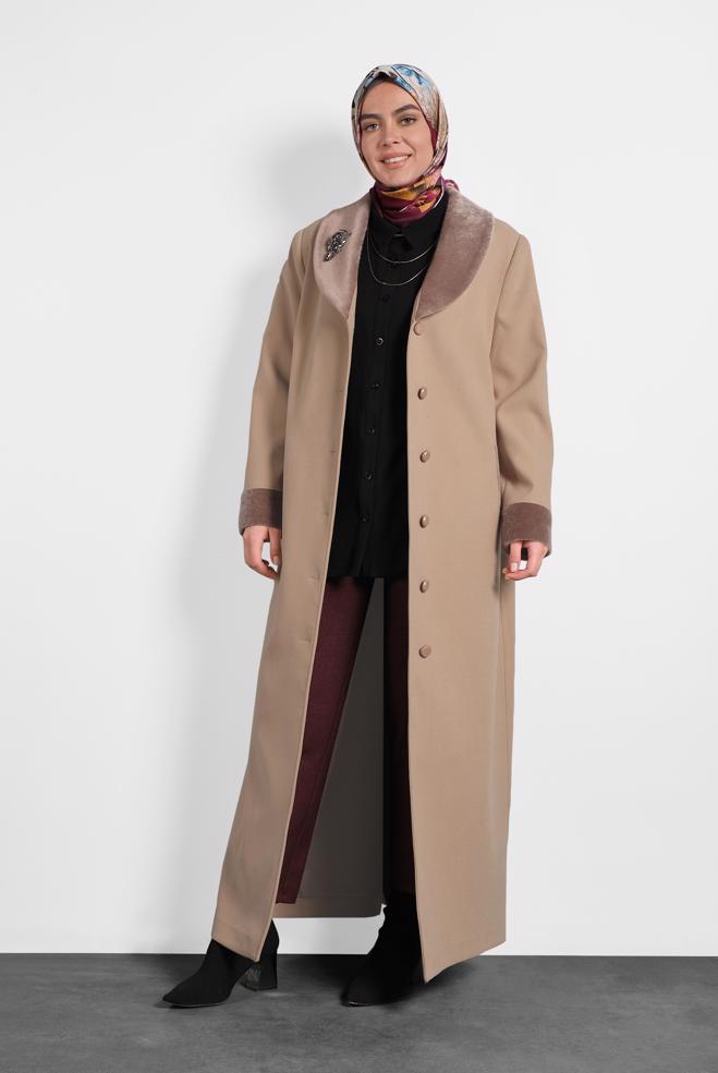 Hijab clothing BEIGE BUTTON-TRIMMED COAT 90081  - ALVİNA