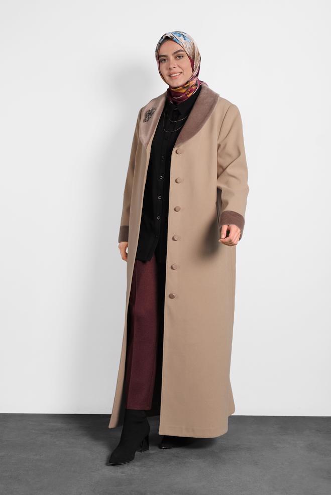 Hijab clothing BEIGE BUTTON-TRIMMED COAT 90081  - ALVİNA