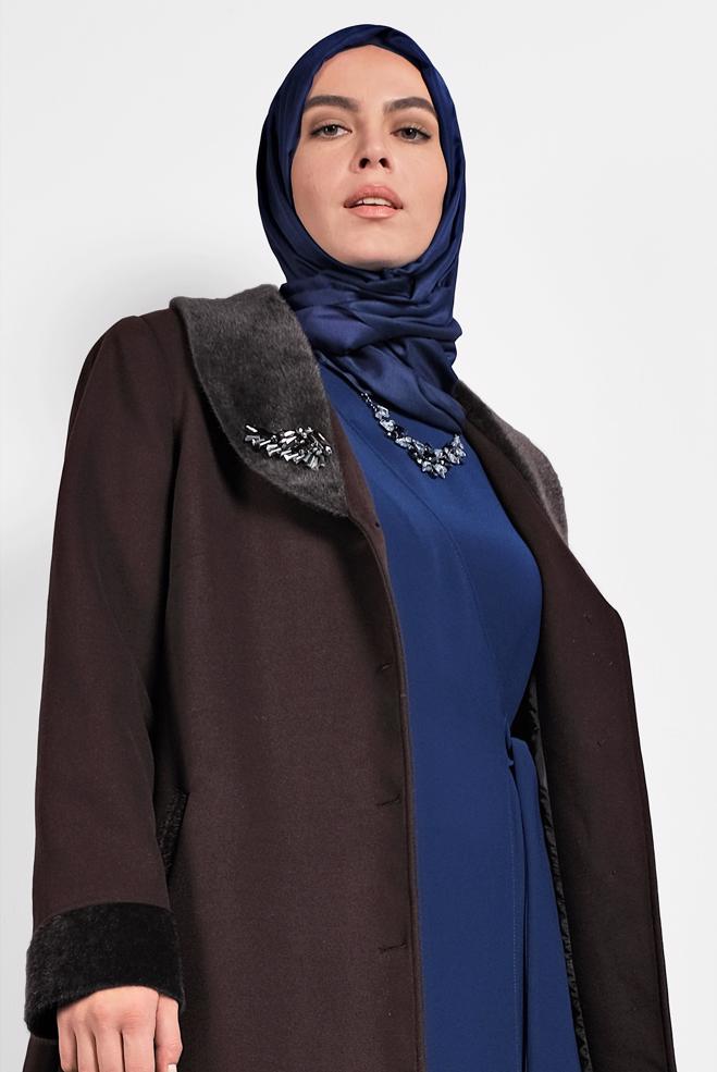Hijab clothing BROWN BUTTON-TRIMMED COAT 90081  - ALVİNA