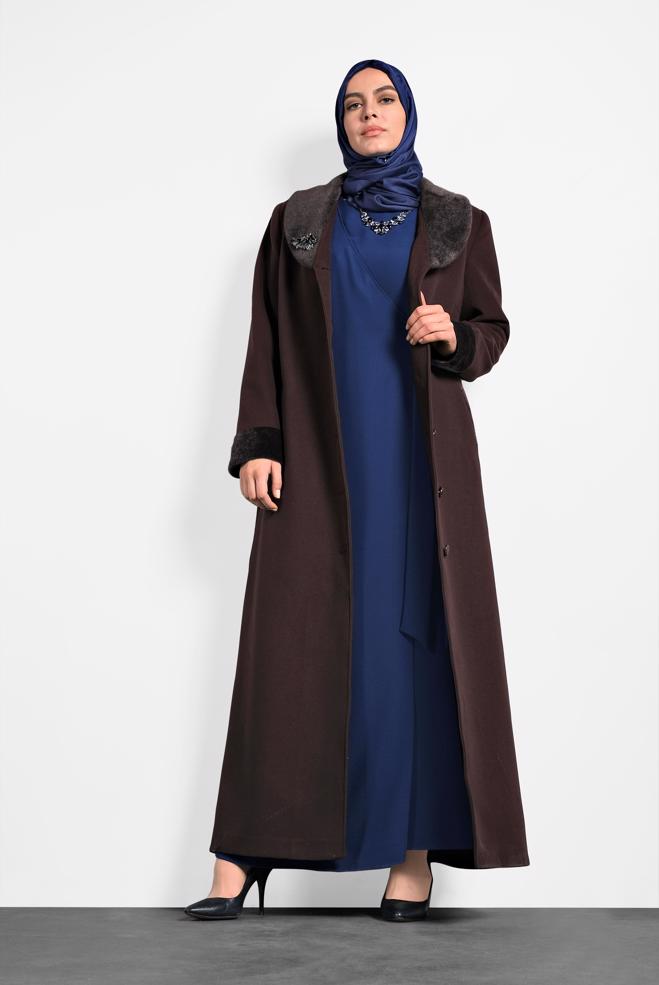 Hijab clothing BROWN BUTTON-TRIMMED COAT 90081  - ALVİNA