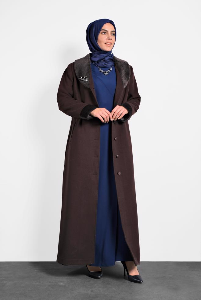 Hijab clothing BROWN BUTTON-TRIMMED COAT 90081  - ALVİNA