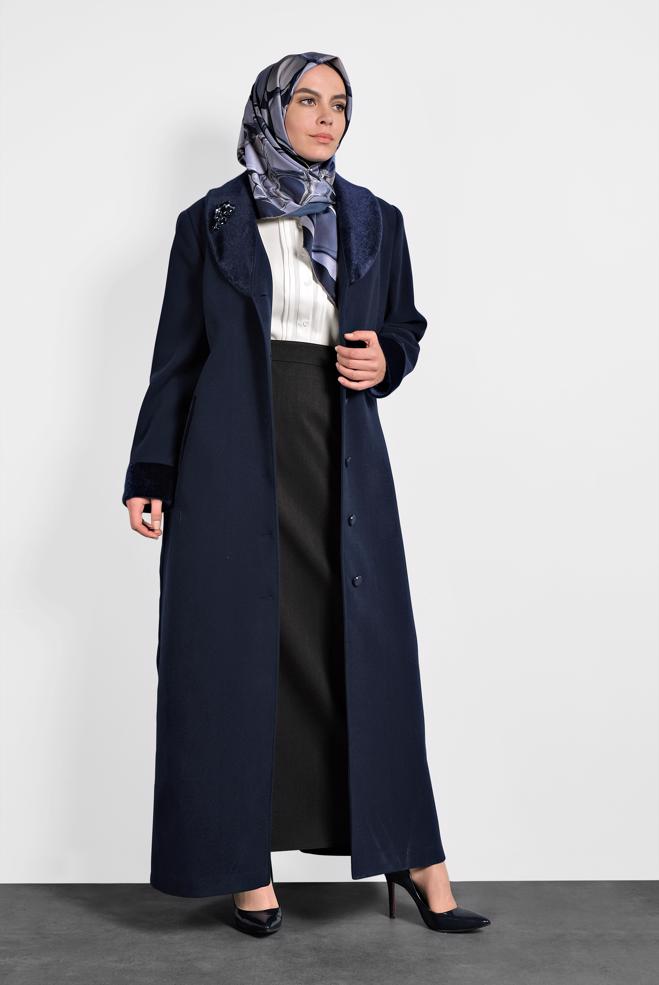 Vêtements hijab BLEU MARINE MANTEAU À BOUTONNÉ 90081  - ALVİNA