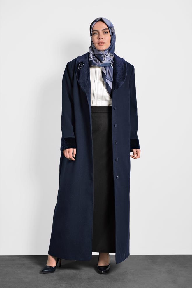 Vêtements hijab BLEU MARINE MANTEAU À BOUTONNÉ 90081  - ALVİNA
