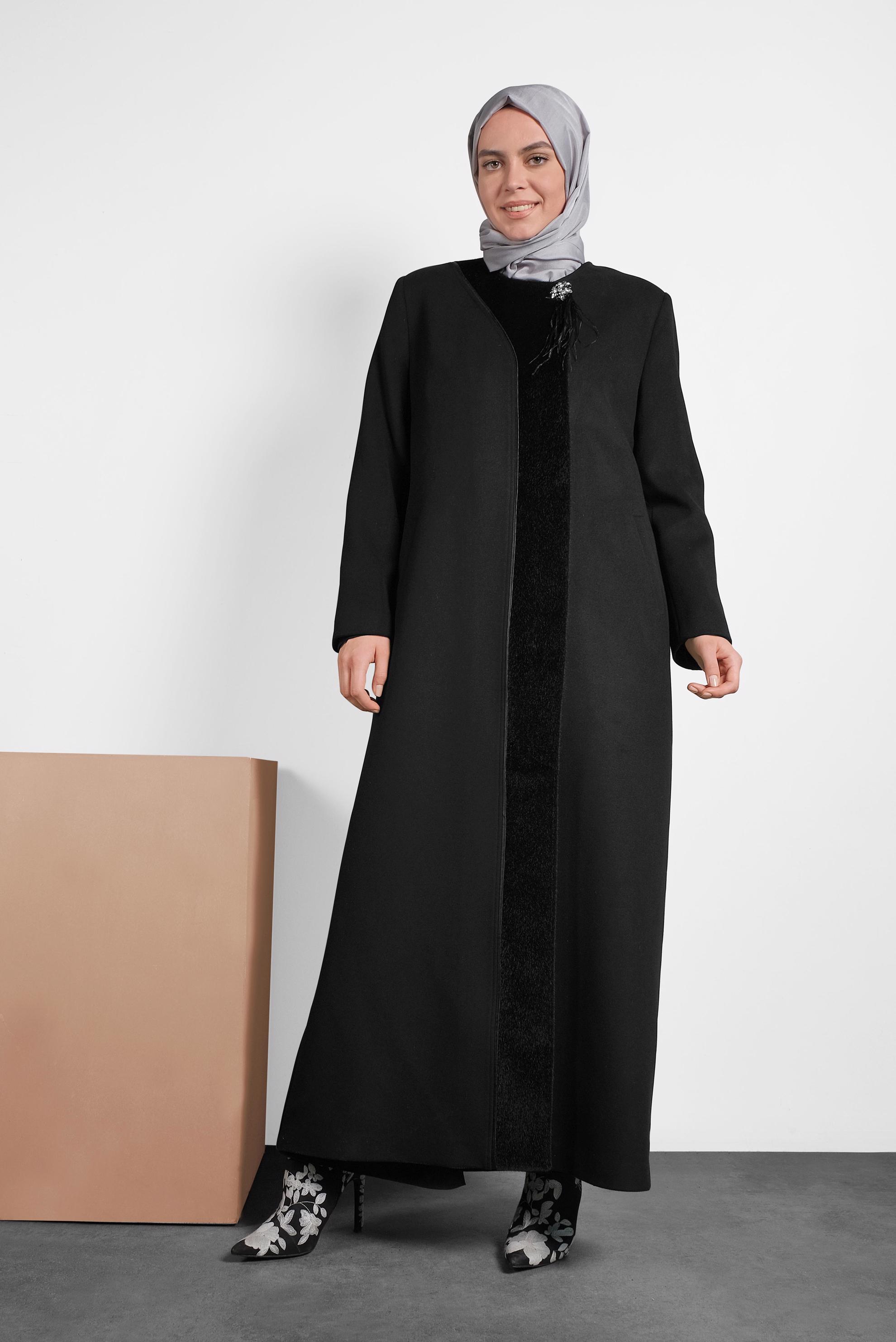 Tesettür giyim SİYAH BİSİKLET YAKA MANTO 90082