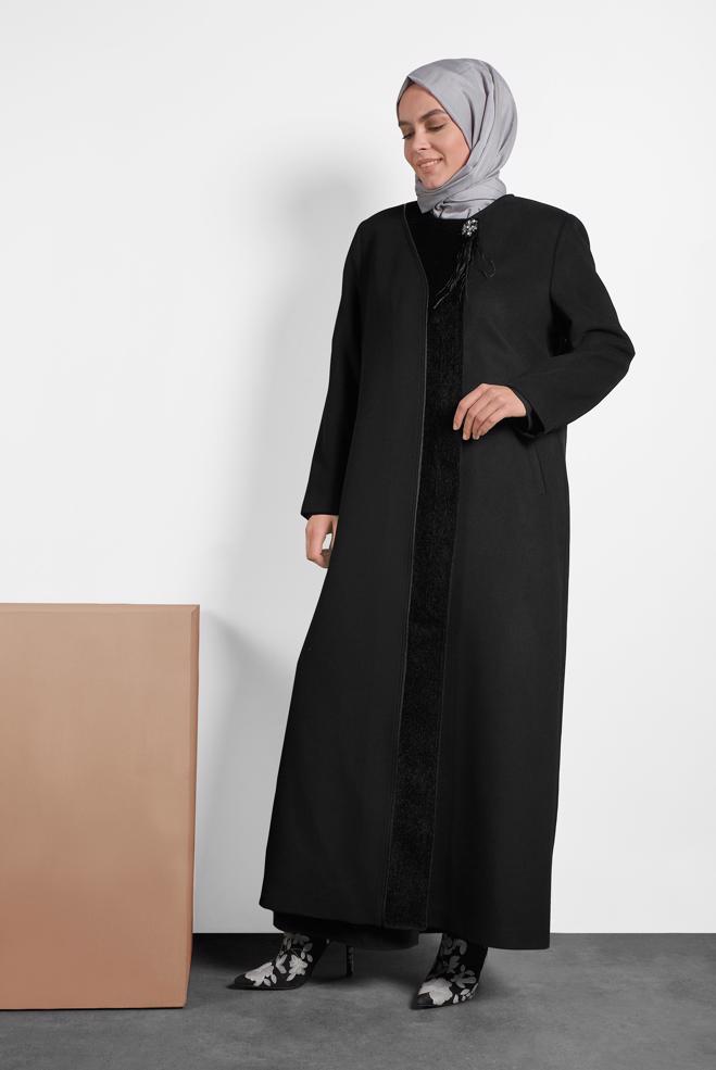 Hijab clothing BLACK CREW-NECK COAT 90082 - ALVİNA