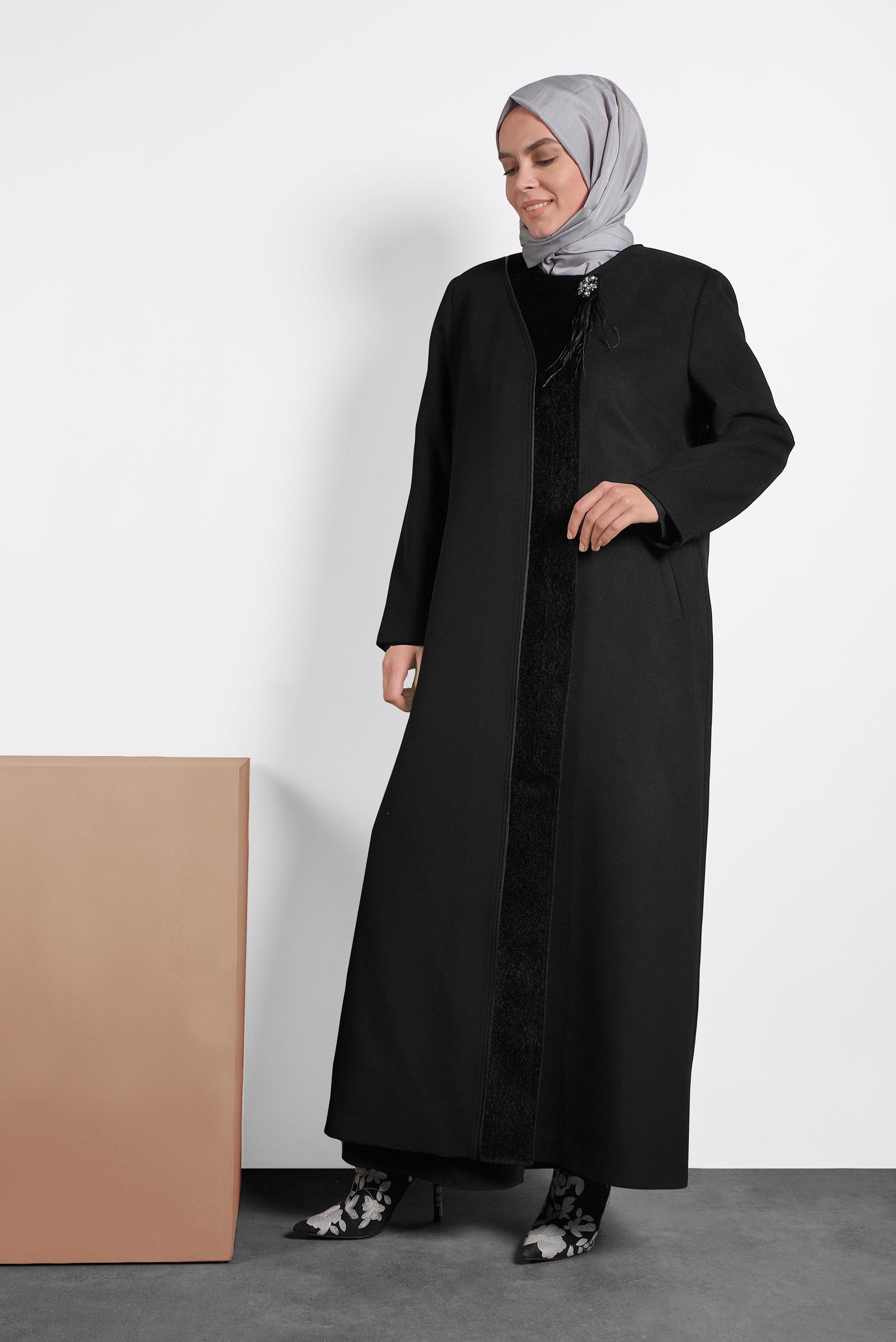 Tesettür giyim SİYAH BİSİKLET YAKA MANTO 90082