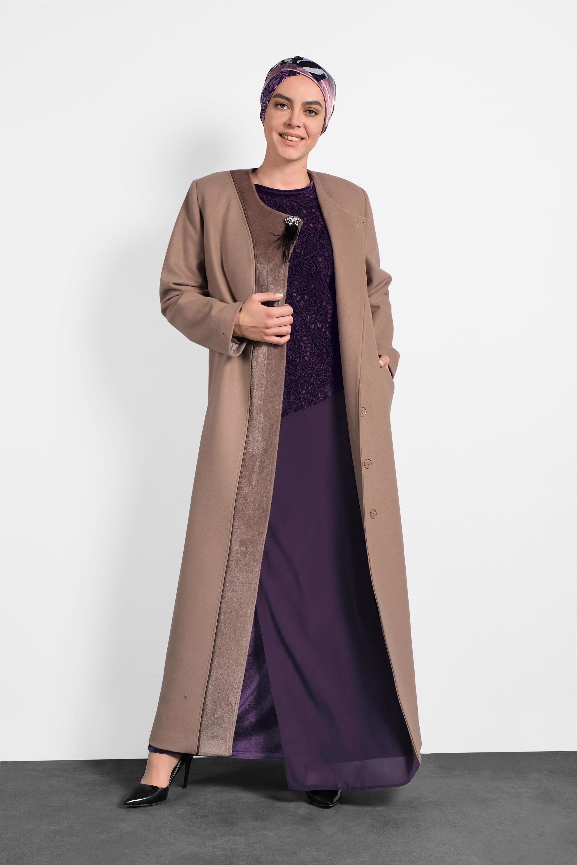 Vêtements hijab BRUN MANTEAU À COL ROND 90082