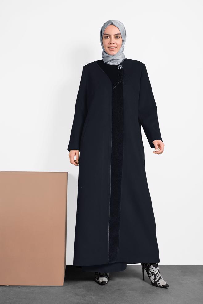 Vêtements hijab BLEU MARINE MANTEAU À COL ROND 90082 - ALVİNA