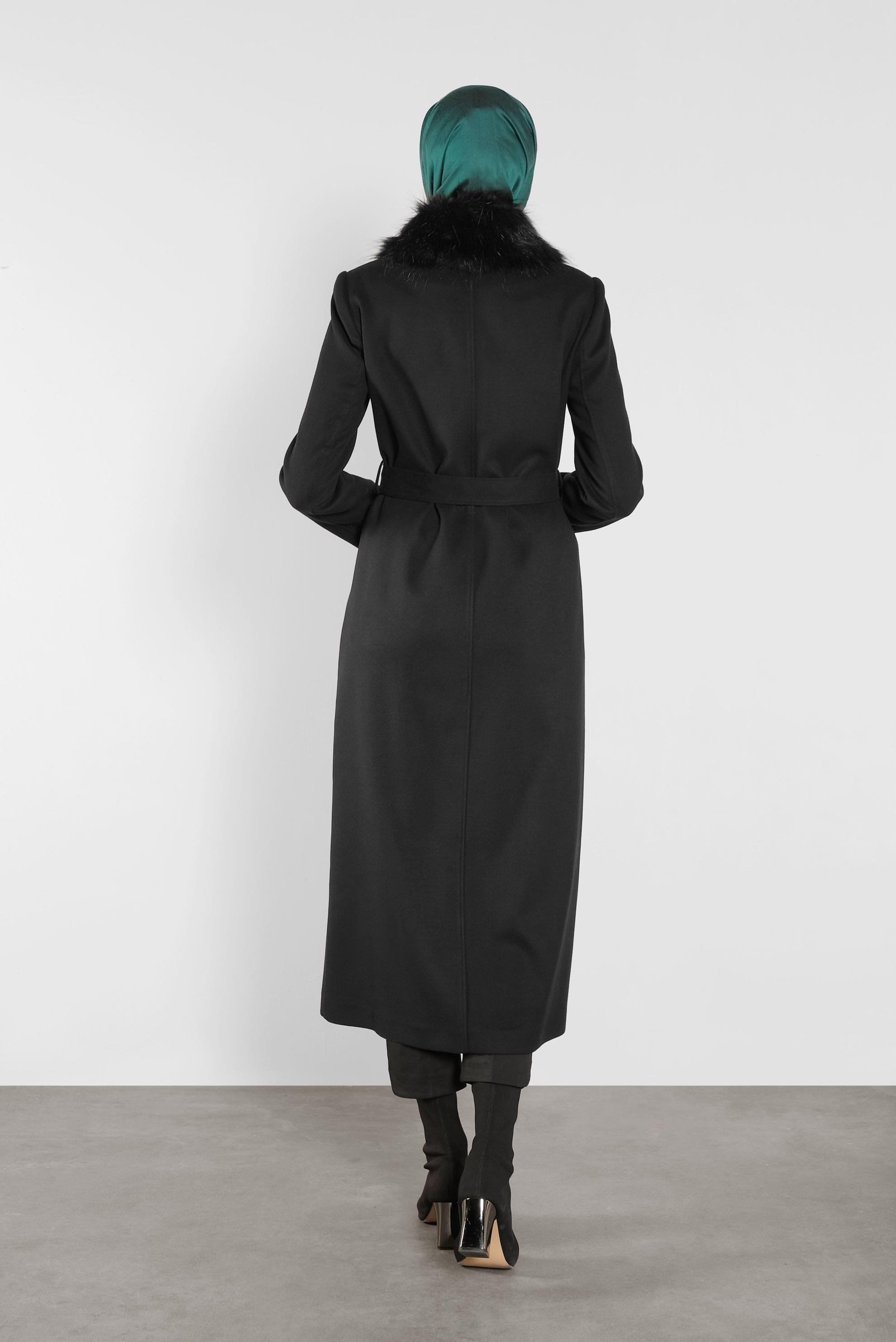Vêtements hijab NOIR MANTEAU CEINTURÉ DÉTAIL FAUSSE FOURRURE 90103