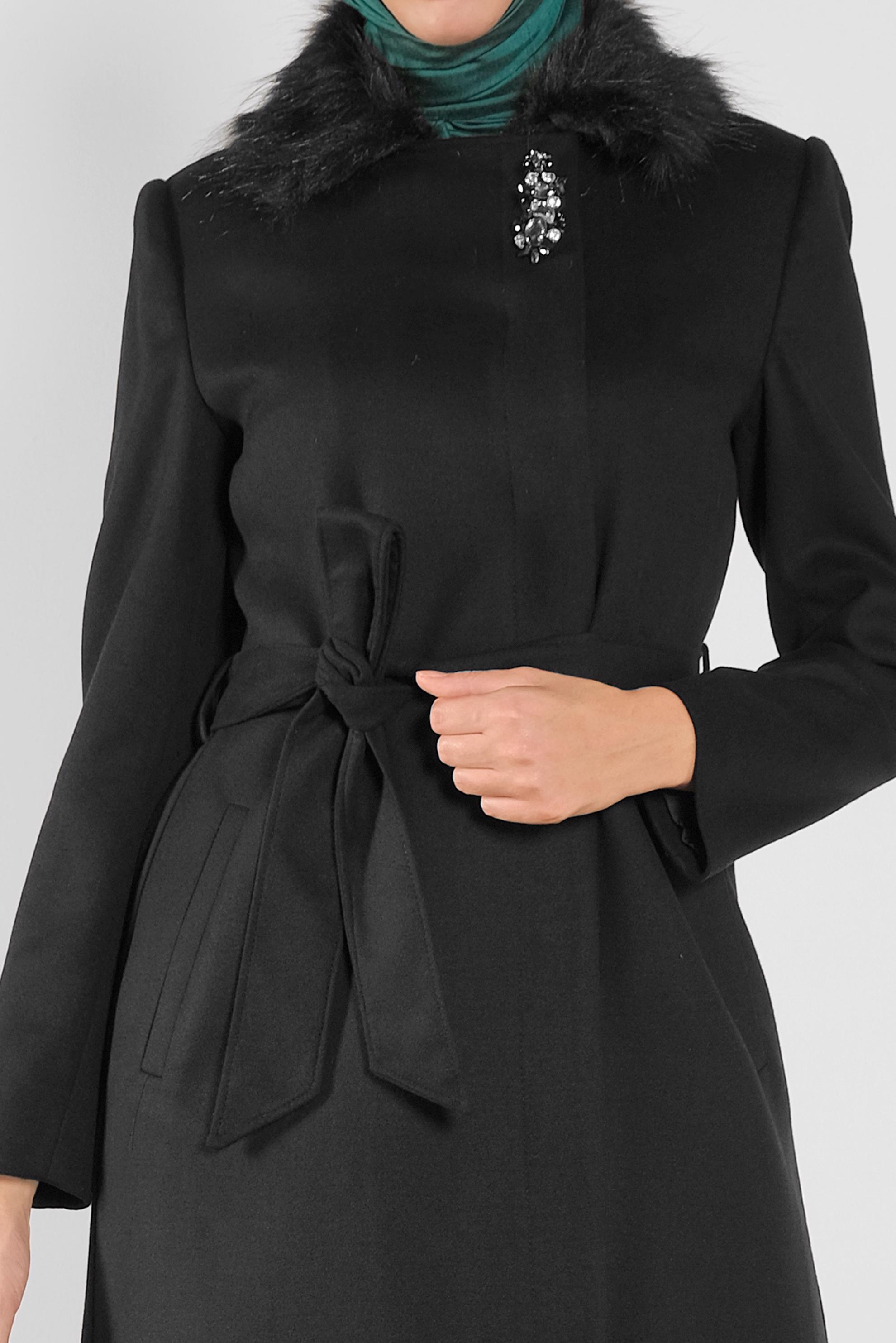 Vêtements hijab NOIR MANTEAU CEINTURÉ DÉTAIL FAUSSE FOURRURE 90103
